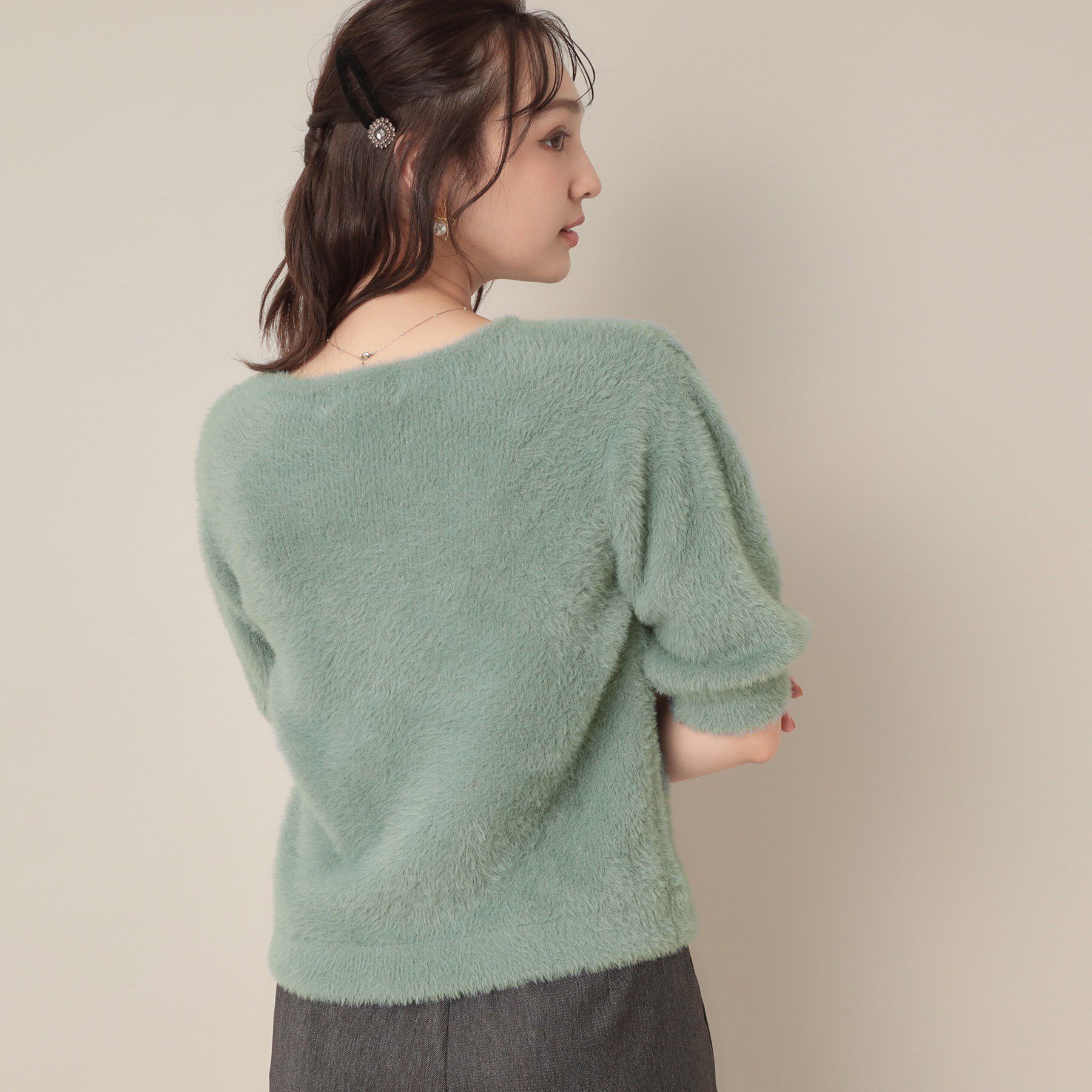 Couture broach「【着映え・5分袖・フェミニン】ラメフェザー半袖ニット」|ニット・セーター|