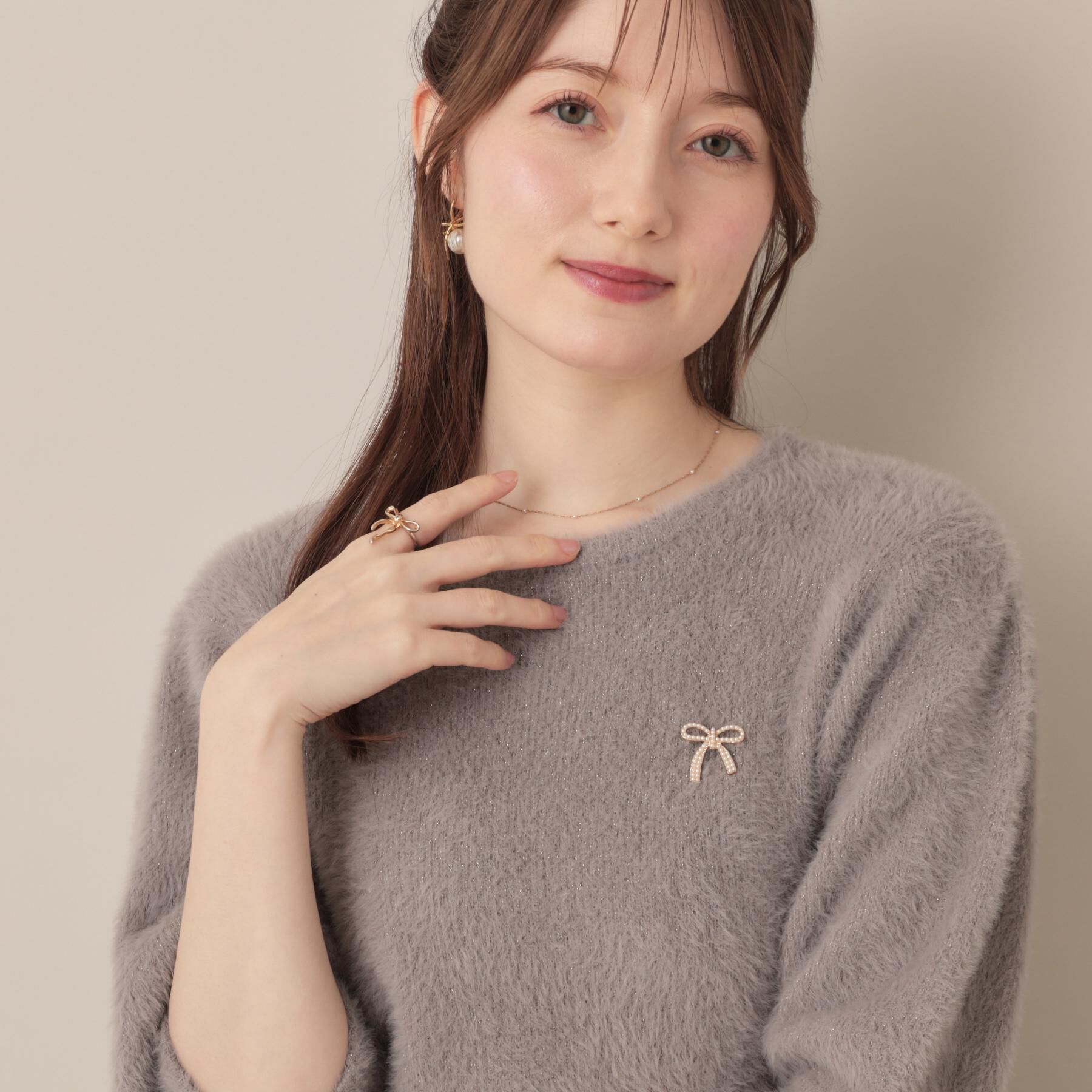 Couture broach「【着映え・5分袖・フェミニン】ラメフェザー半袖ニット」|ニット・セーター|