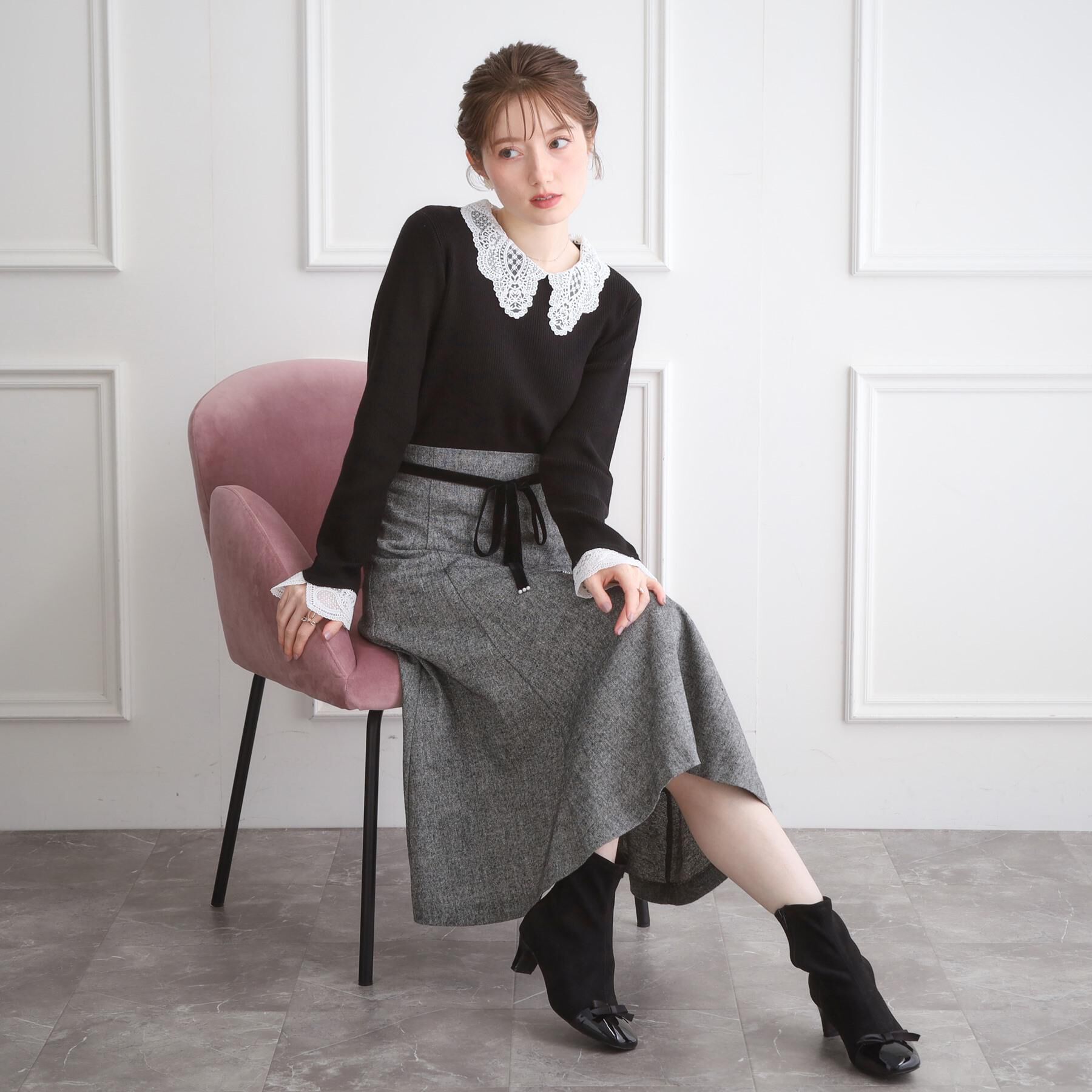 Couture broach「【着映え・フェミニン・通勤】レース衿カフス付きリブニット」|ニット・セーター|