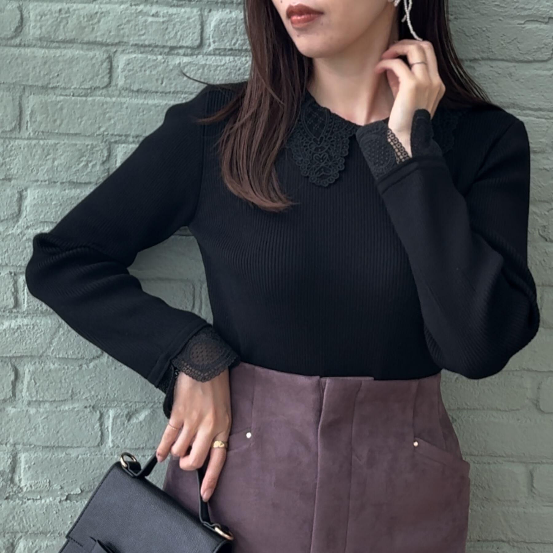 Couture broach「【着映え・フェミニン・通勤】レース衿カフス付きリブニット」|ニット・セーター|