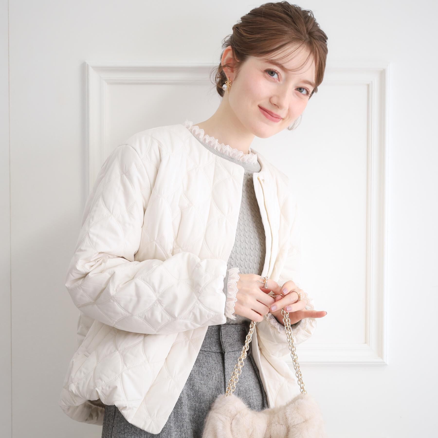 Couture broach「【撥水・大人可愛い】リボンキルティングジャケット」|ブルゾン・スタジャン|アイボリー(004)