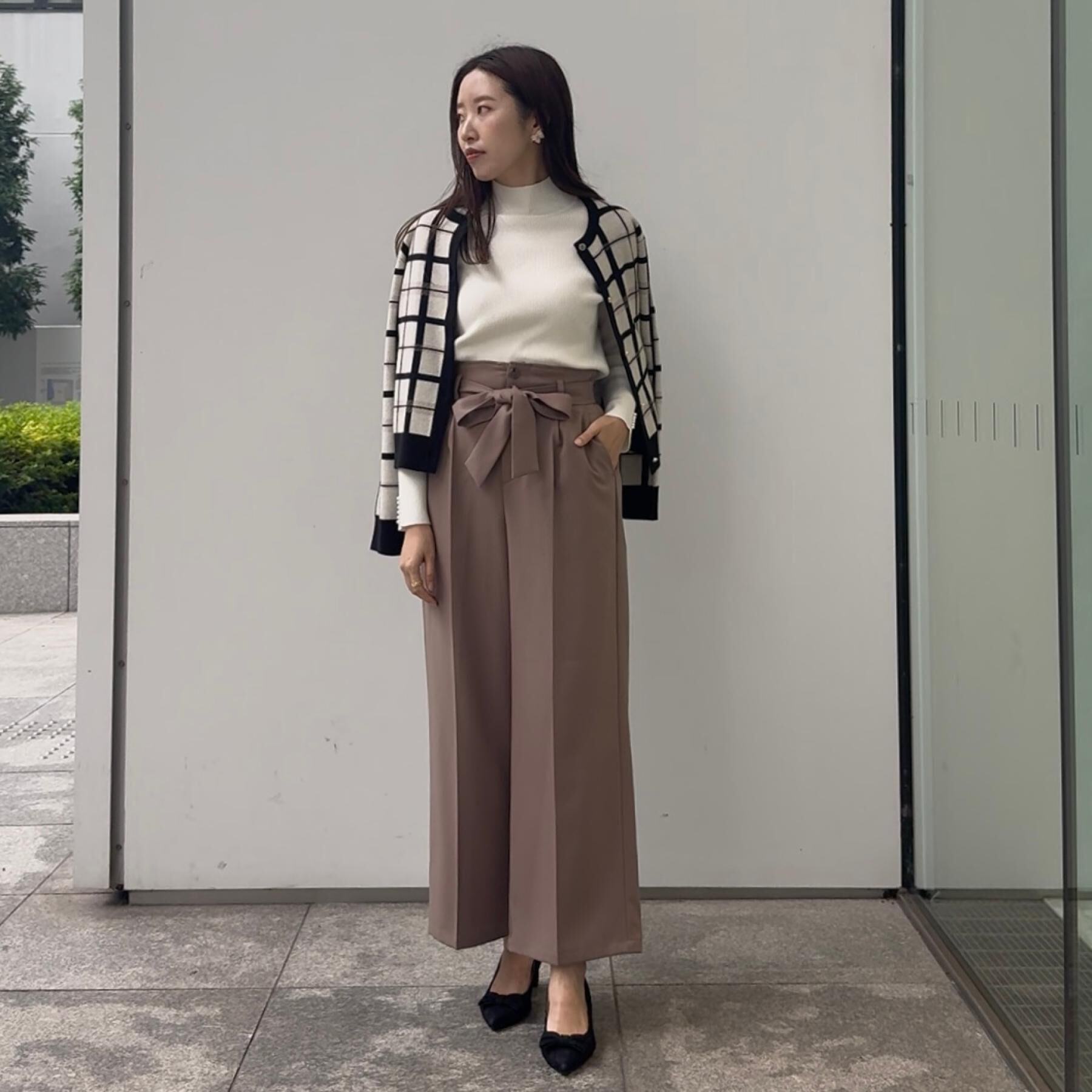 Couture broach「【大人可愛い・通勤】チェックジャカード ニットカーディガン」|カーディガン|