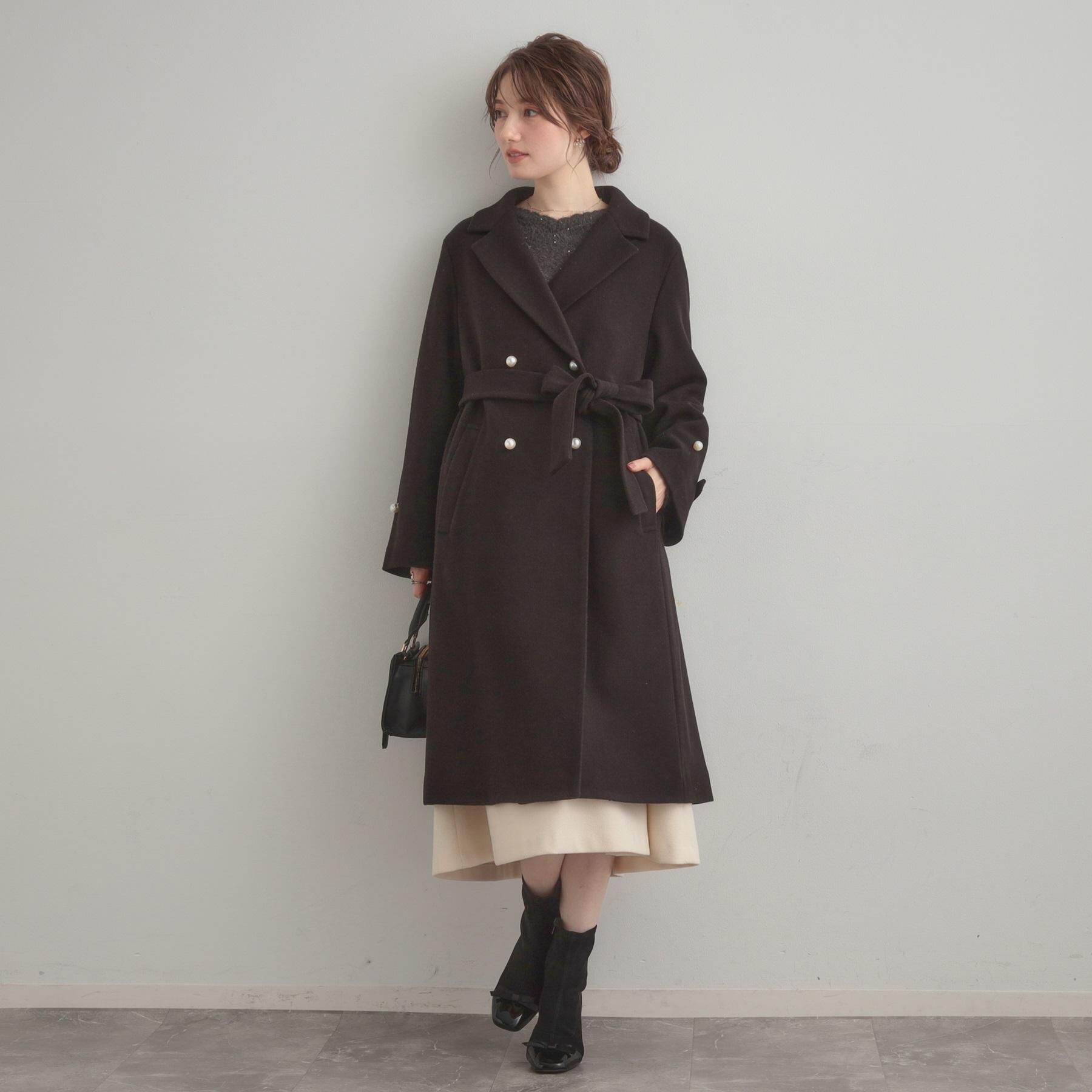 Couture broach「【大人上品・ベルト付き】パール調釦チェスターコート」|チェスターコート|