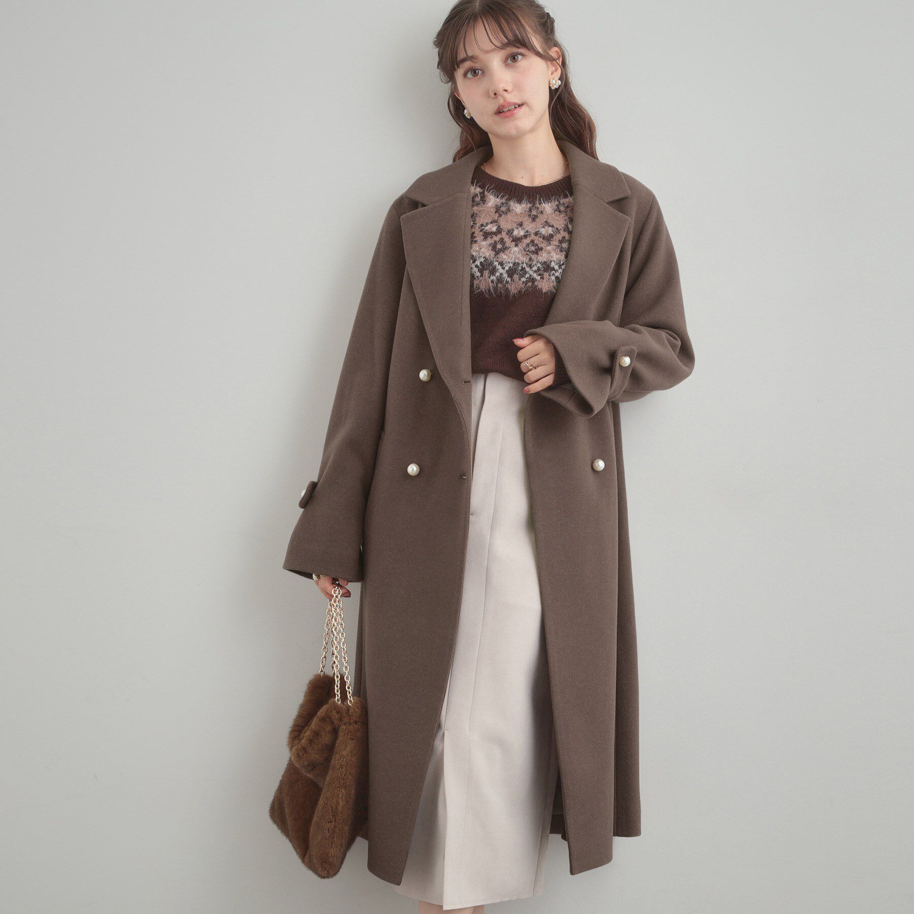 Couture broach「【大人上品・ベルト付き】パール調釦チェスターコート」|チェスターコート|