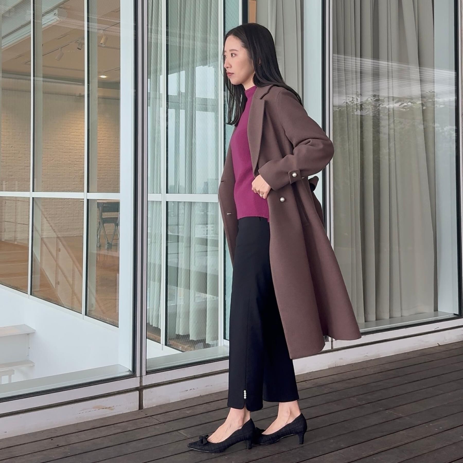 Couture broach「【大人上品・ベルト付き】パール調釦チェスターコート」|チェスターコート|