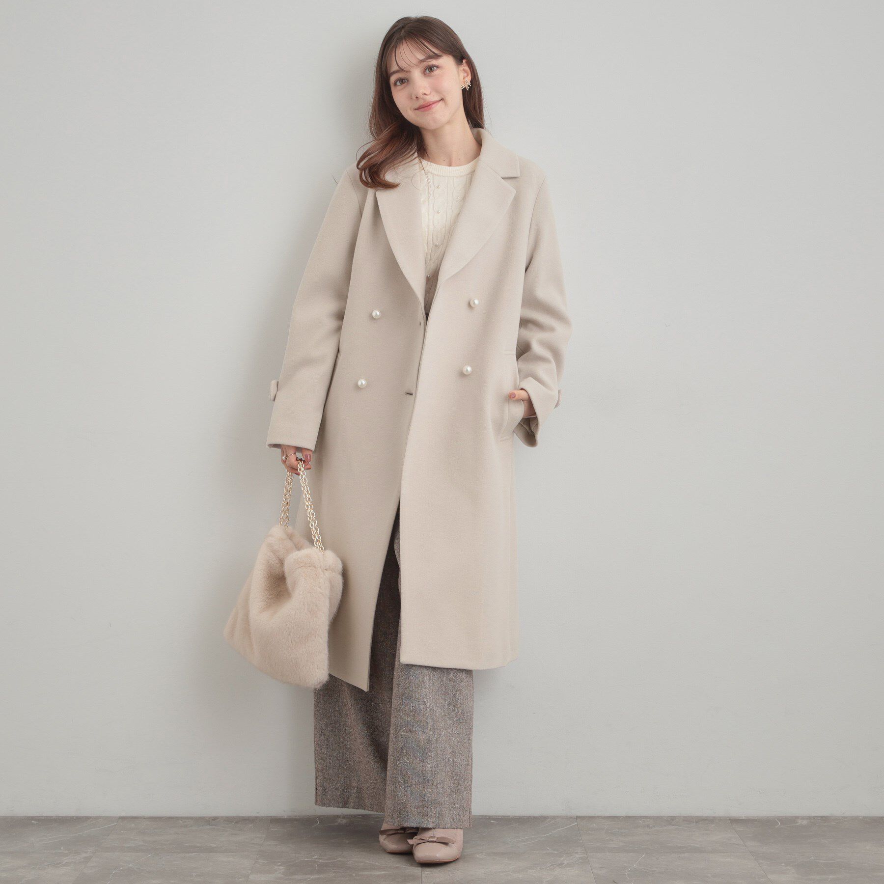 Couture broach「【大人上品・ベルト付き】パール調釦チェスターコート」|チェスターコート|