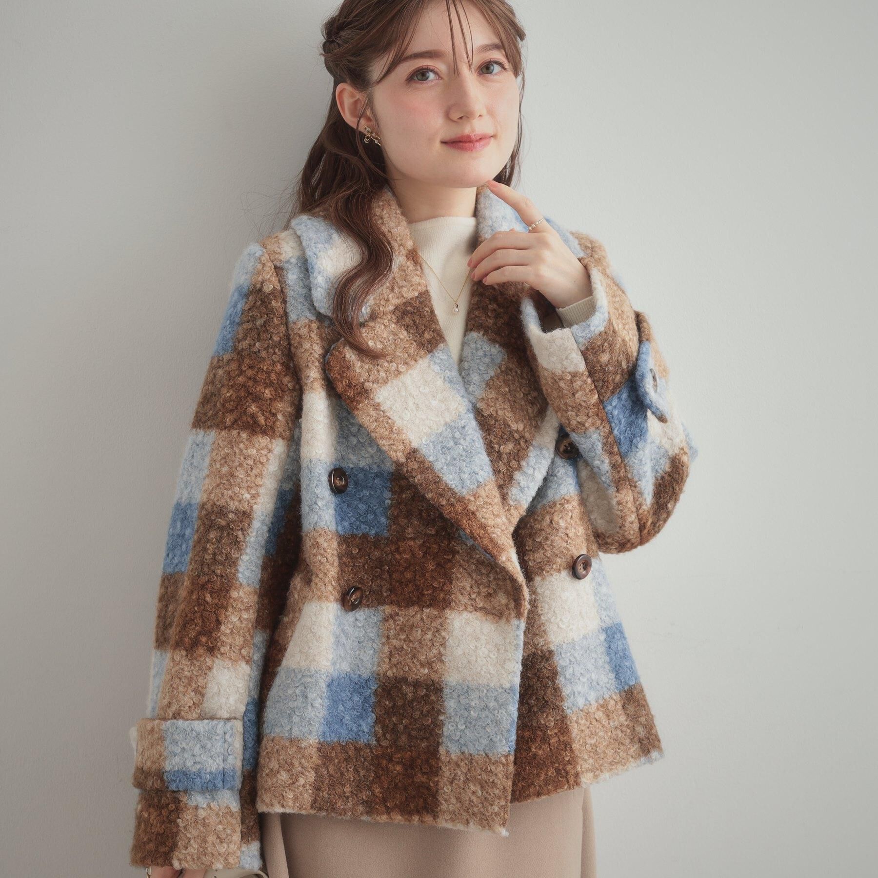 Couture broach「【S-LL/無地・チェック柄】プードルボア ショートコート」|ピーコート|