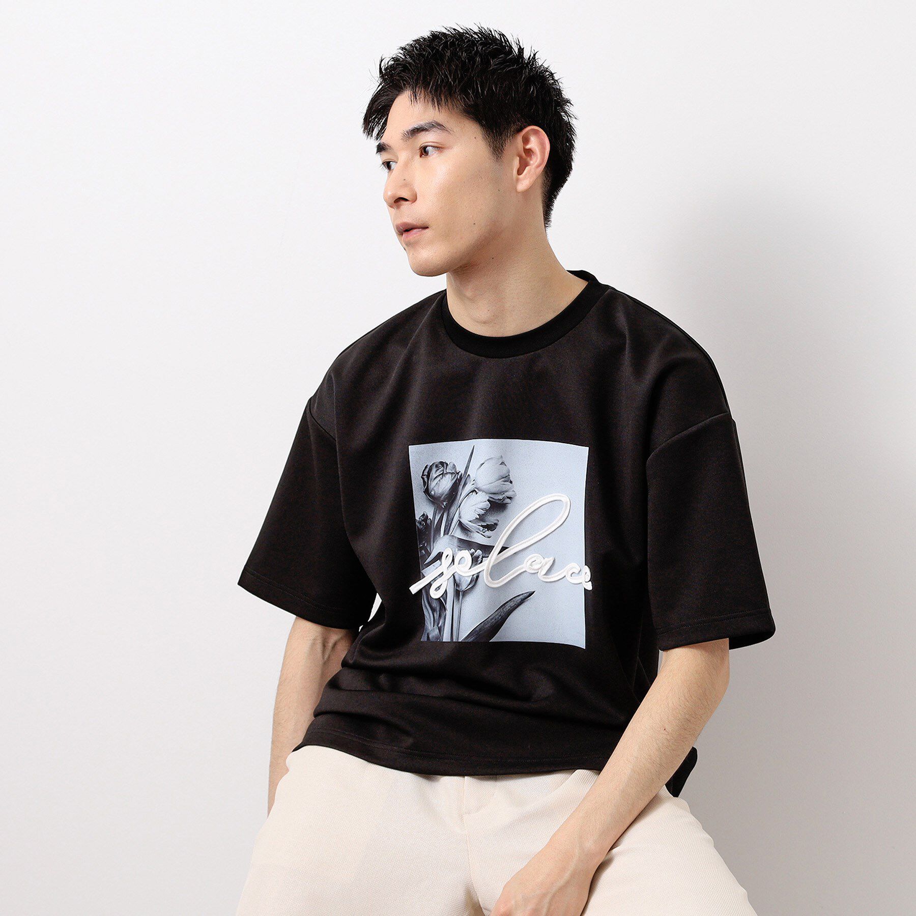 THE SHOP TK「コード刺繍フォト半袖Tシャツ」|Tシャツ・カットソー|ブラック(019)