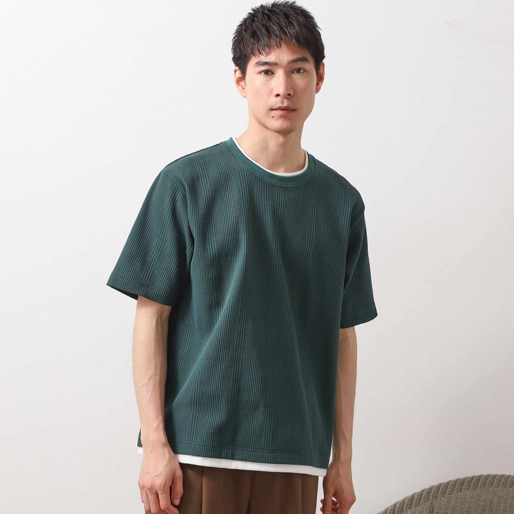 THE SHOP TK「ランダムワッフル半袖Tシャツ 【洗濯機ＯＫ】」|Tシャツ・カットソー|グリーン(024)