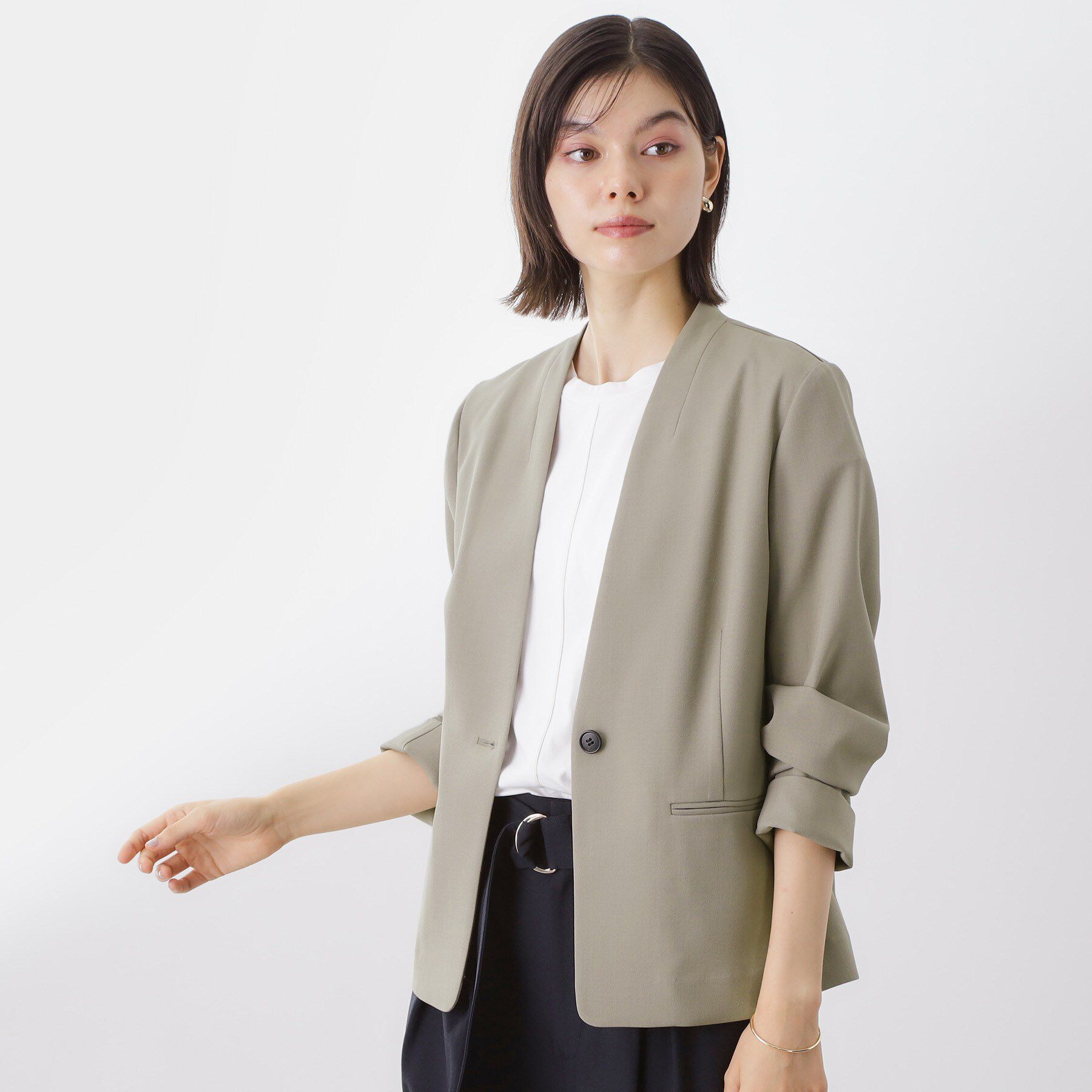 THE SHOP TK「ノーカラージャケット【セットアップ可】」|ノーカラージャケット|グレージュ(050)