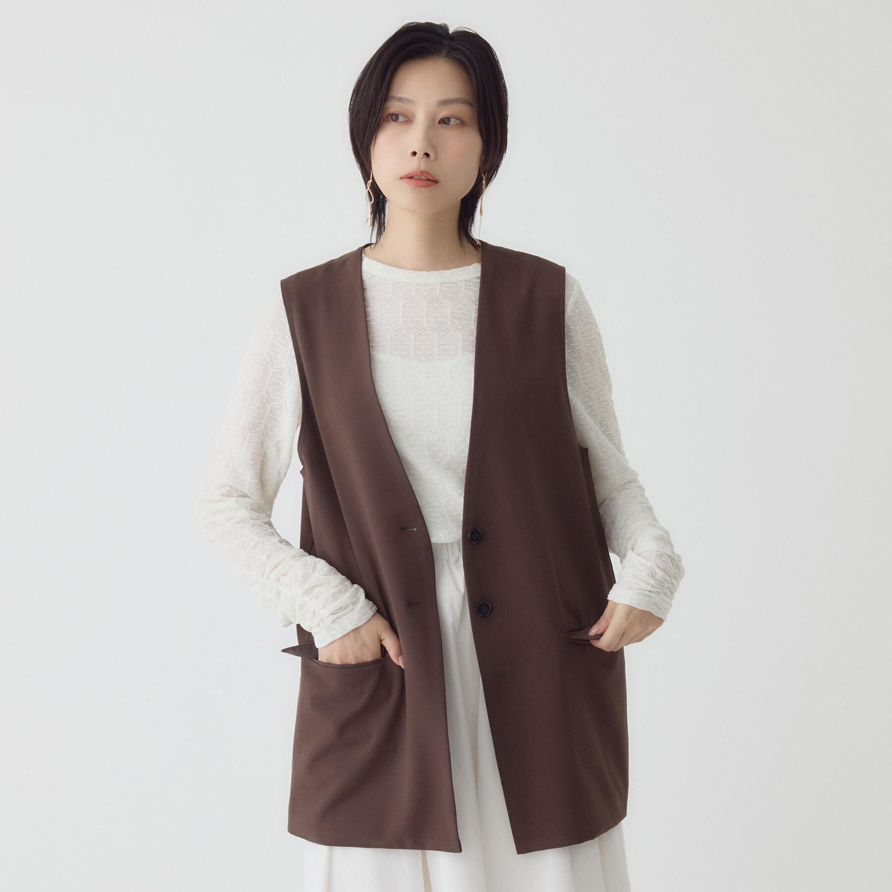 THE SHOP TK「ノーカラージレ【セットアップ可/洗濯機OK】」|ベスト・ジレ|ブラウン(043)