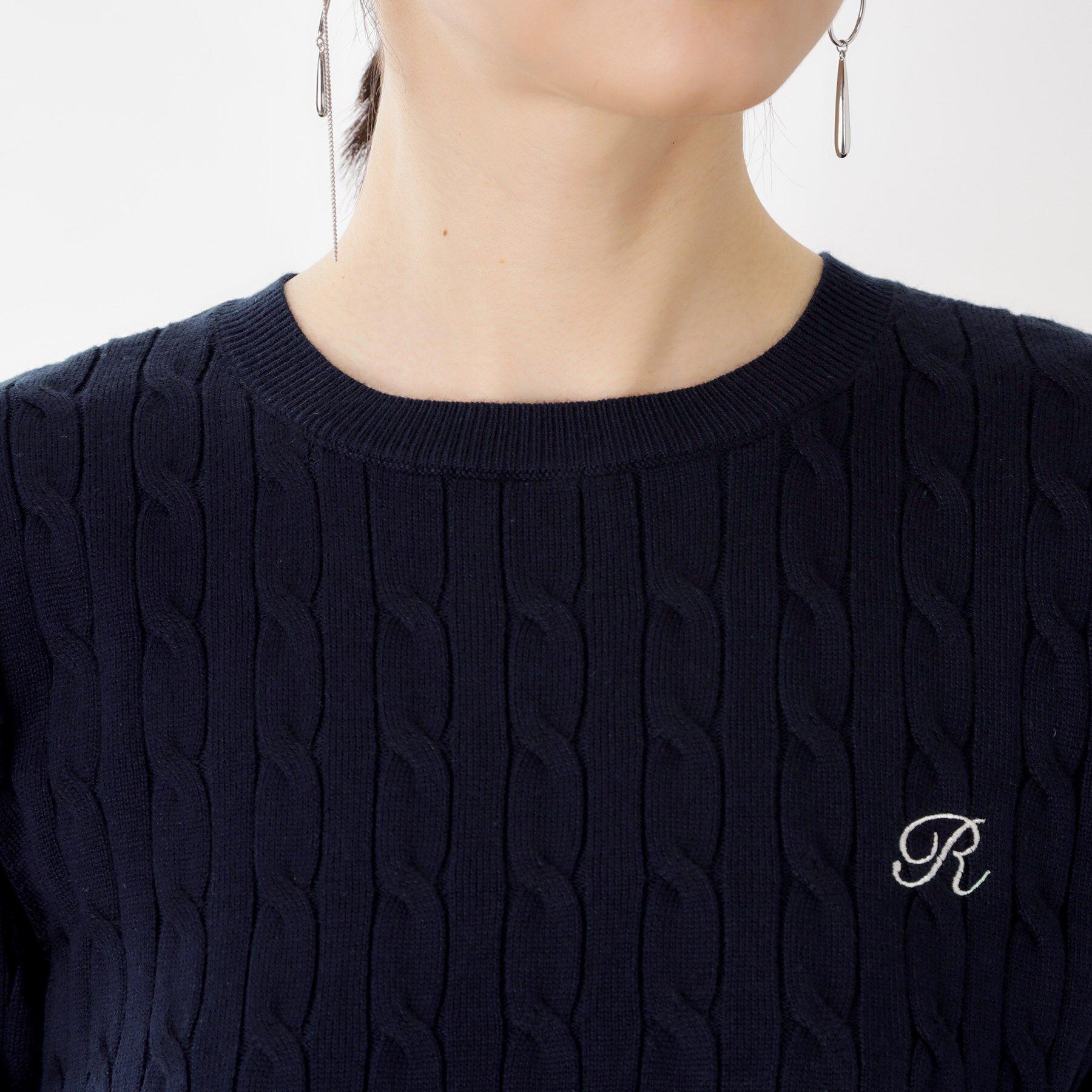 THE SHOP TK「ワンポイント刺繍ケーブル半袖ニット【洗濯機OK】」|ニット・セーター|