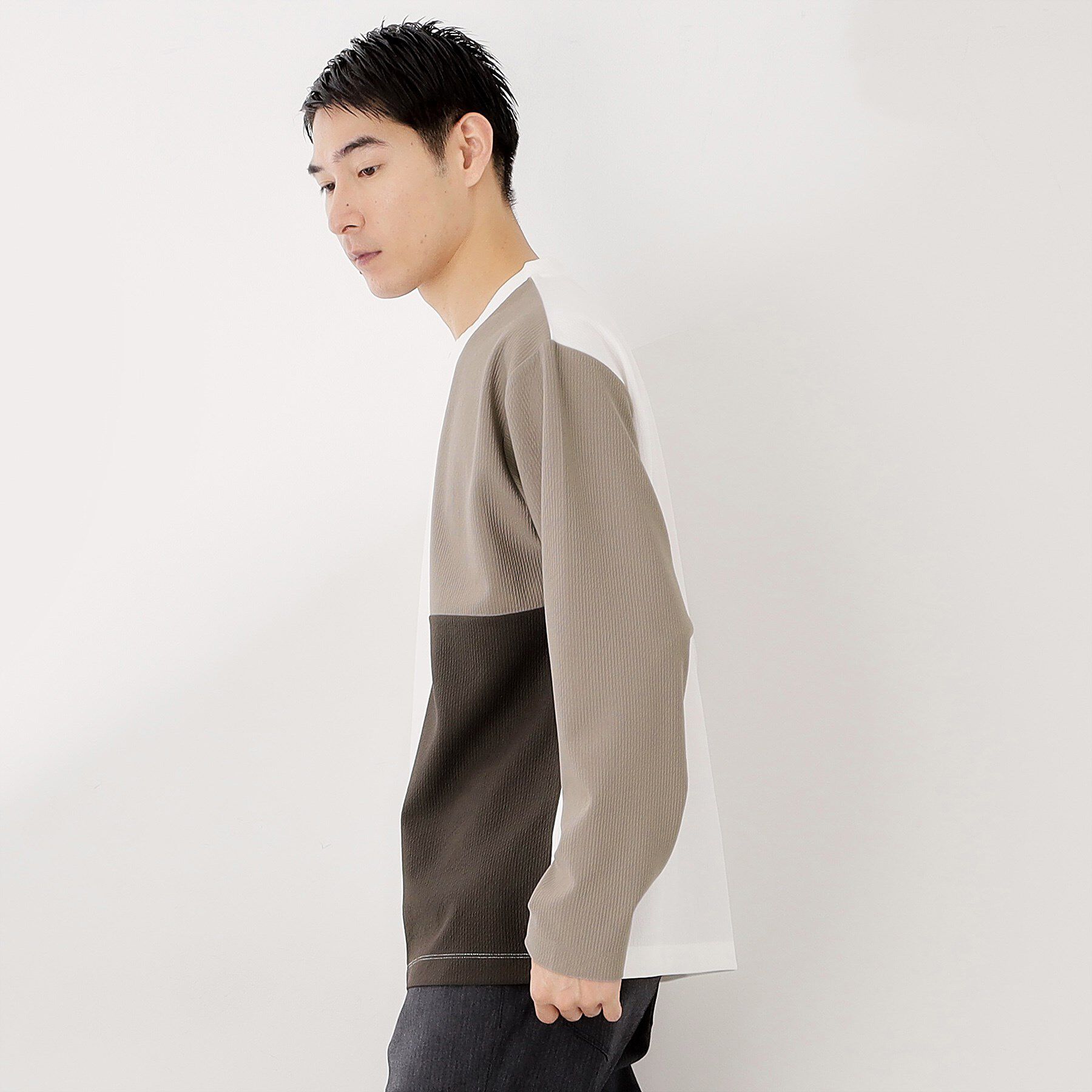 THE SHOP TK「【一枚で着映える】パネルブロッキング長袖Tシャツ 【洗濯機OK】」|Tシャツ・カットソー|