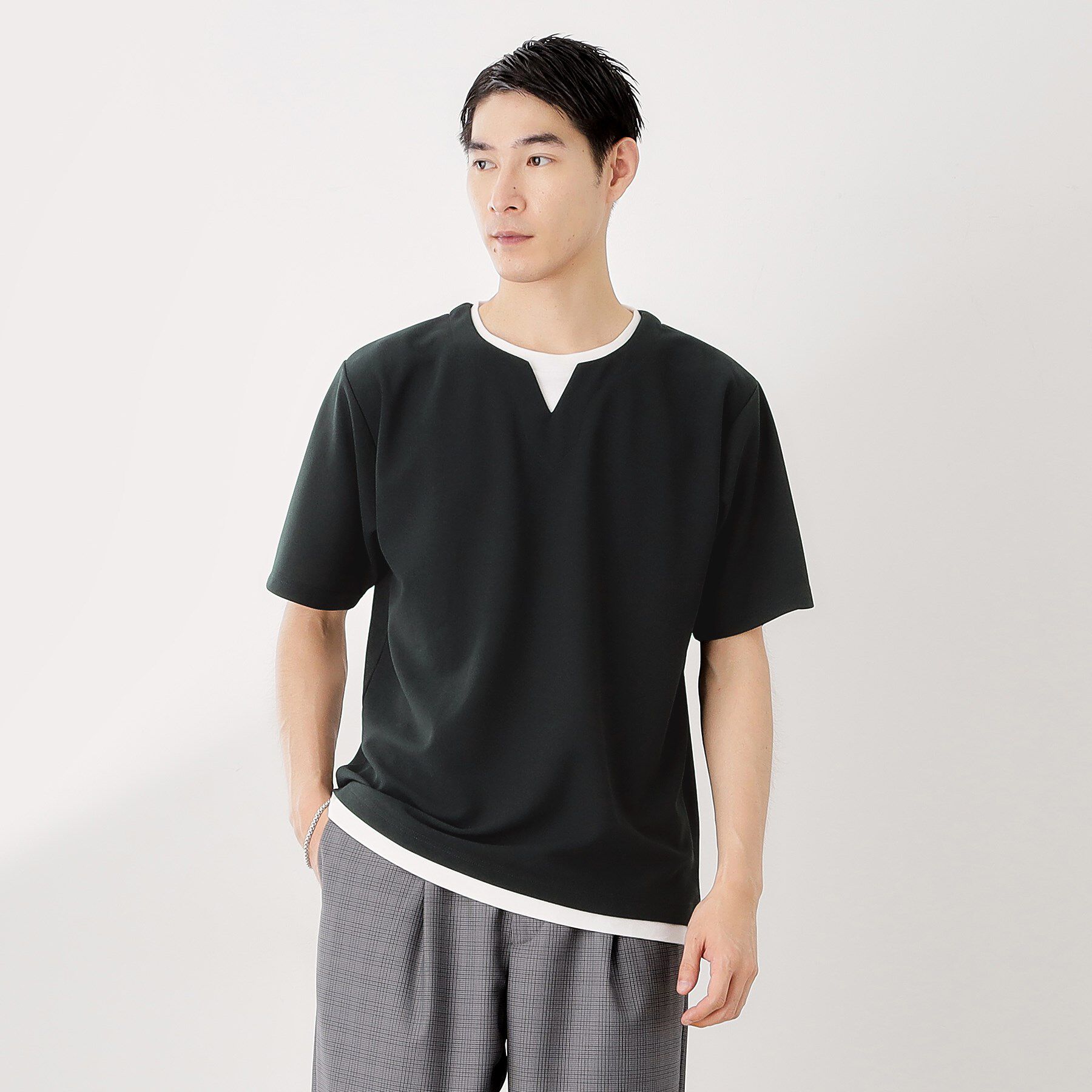 THE SHOP TK「ツイルキーネック半袖Tシャツ」|Tシャツ・カットソー|チャコールグレー(0