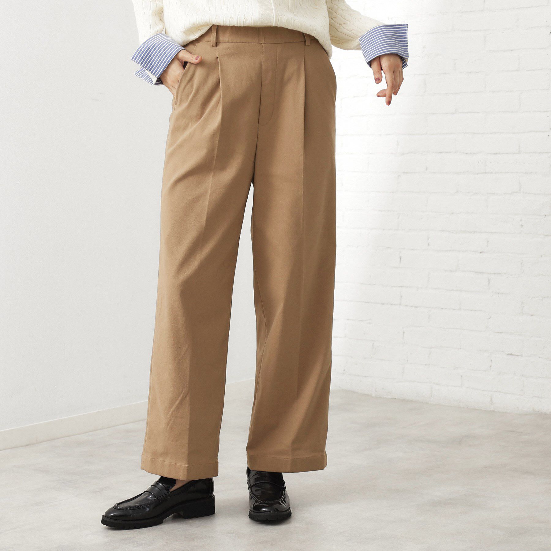 THE SHOP TK「【ラクで快適】ハイパーストレッチ あったか裏起毛ワイドパンツ」|その他|ベージュ(052)