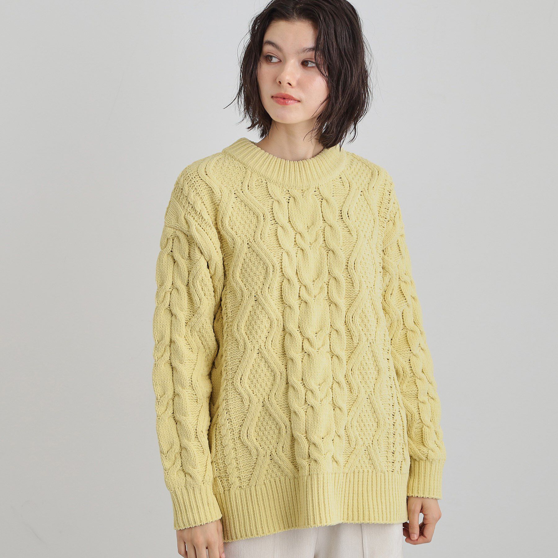 THE SHOP TK「【洗える】冬のコーデを盛り上げる マットモール ケーブルニット」|ニット・セーター|イエロー(031)