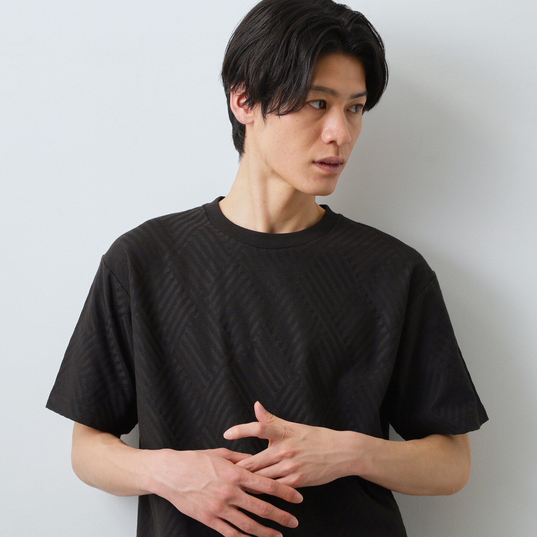 THE SHOP TK「【ジャケットインにもおすすめ！】ジャカード リンクス半袖Tシャツ 洗濯機OK」|Tシャツ・カットソー|ブラック(019)