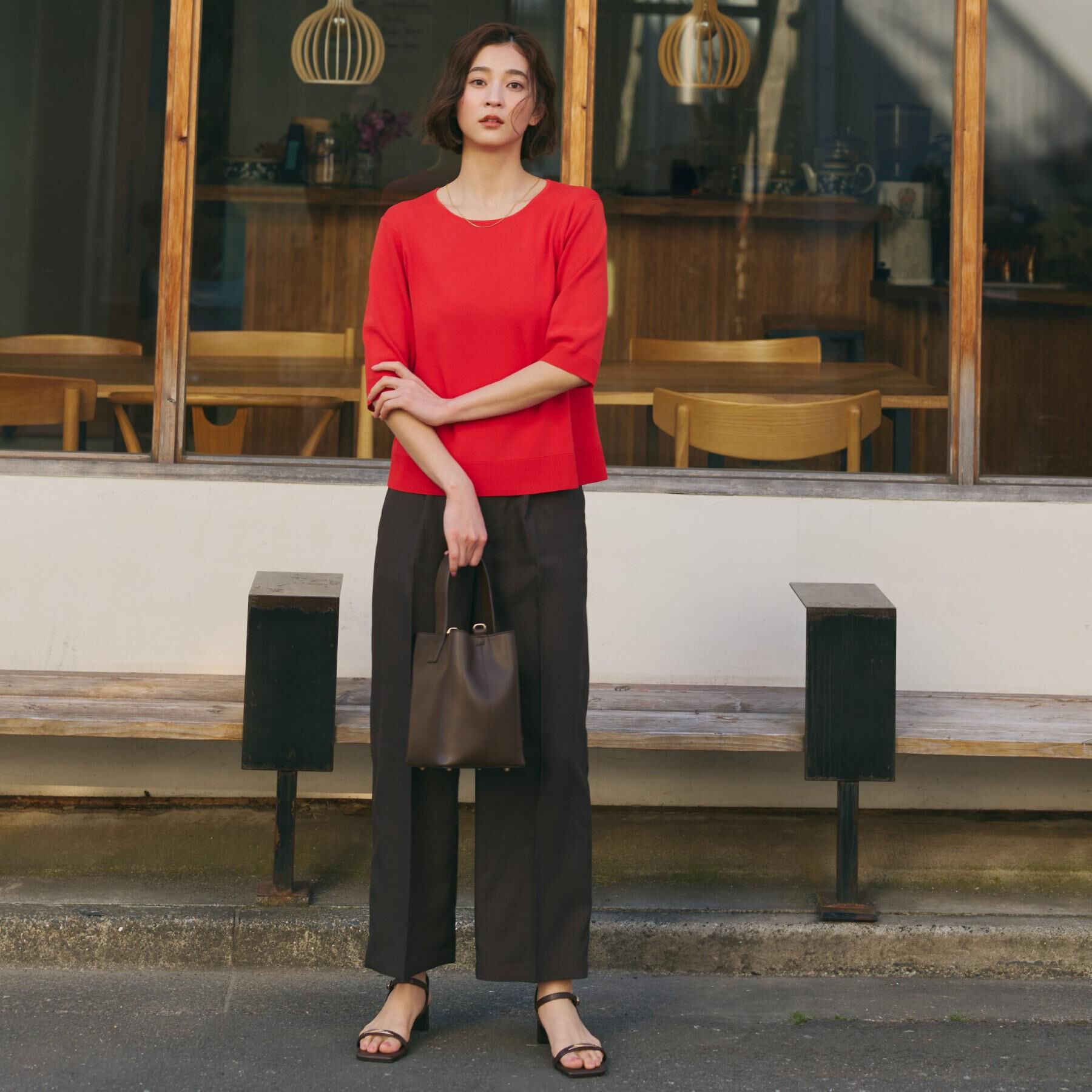 THE SHOP TK「【S-XL/ひんやりタッチ】美しさ際立つ 6分袖ニット 洗濯機OK/UVケア/毛玉になりにくい」|ニット・セーター|