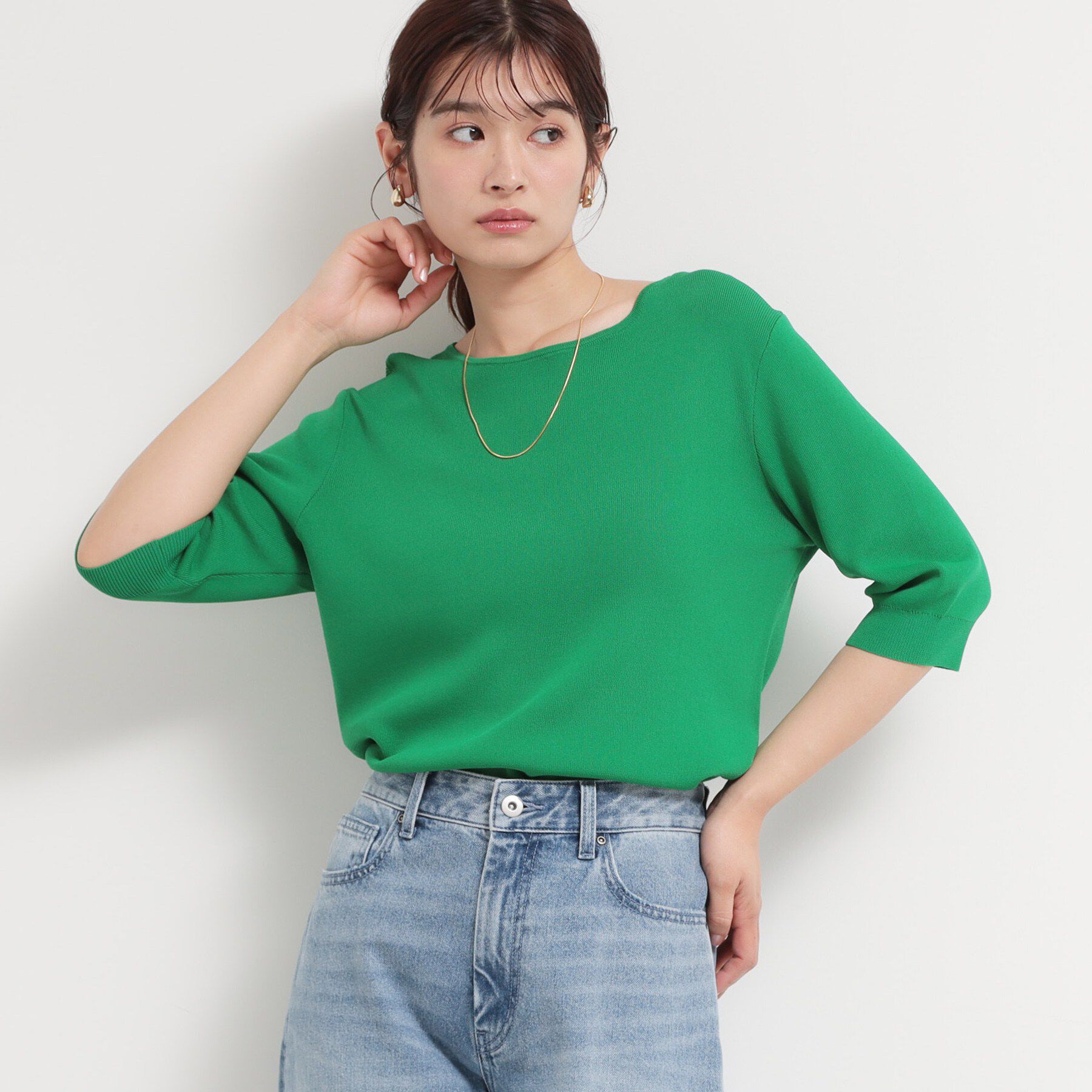 THE SHOP TK「【S-XL/ひんやりタッチ】美しさ際立つ 6分袖ニット 洗濯機OK/UVケア/毛玉になりにくい」|ニット・セーター|グリーン(022)