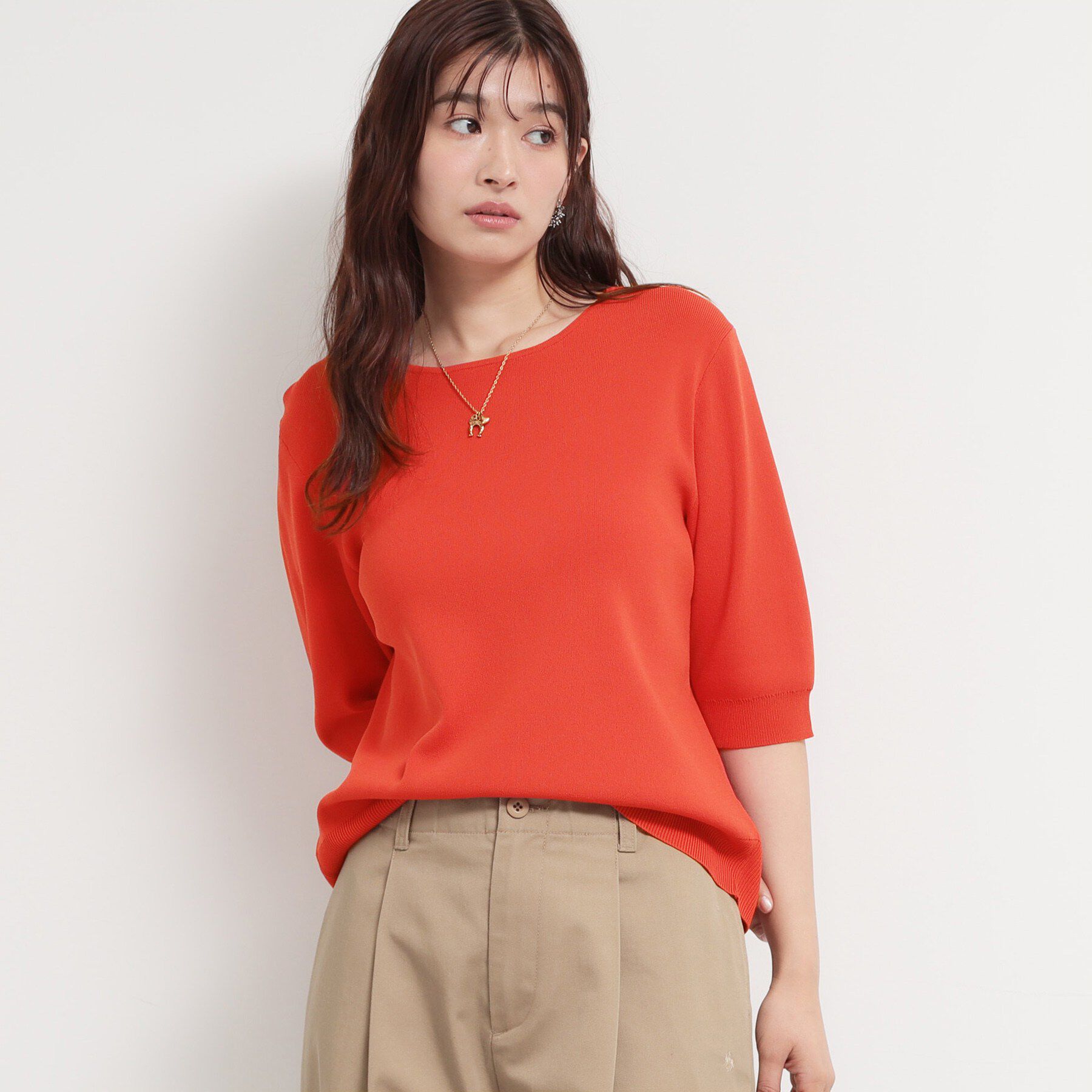 THE SHOP TK「【S-XL/ひんやりタッチ】美しさ際立つ 6分袖ニット 洗濯機OK/UVケア/毛玉になりにくい」|ニット・セーター|レッド(063)