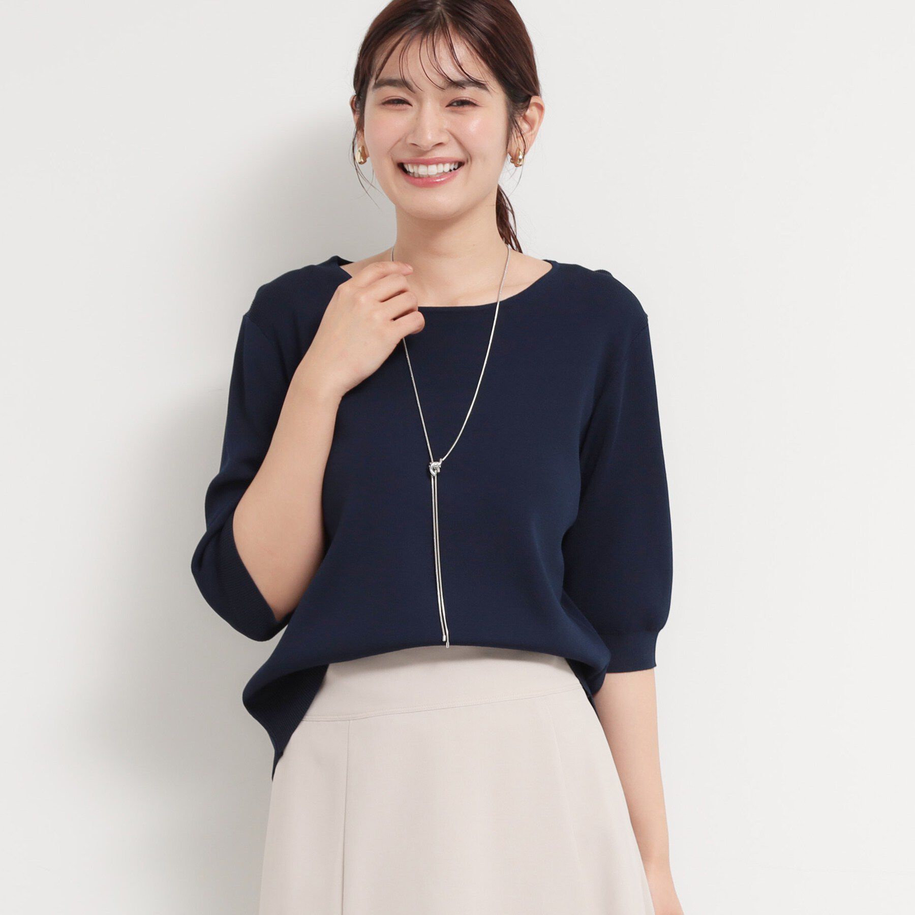 THE SHOP TK「【S-XL/ひんやりタッチ】美しさ際立つ 6分袖ニット 洗濯機OK/UVケア/毛玉になりにくい」|ニット・セーター|ネイビー(994)