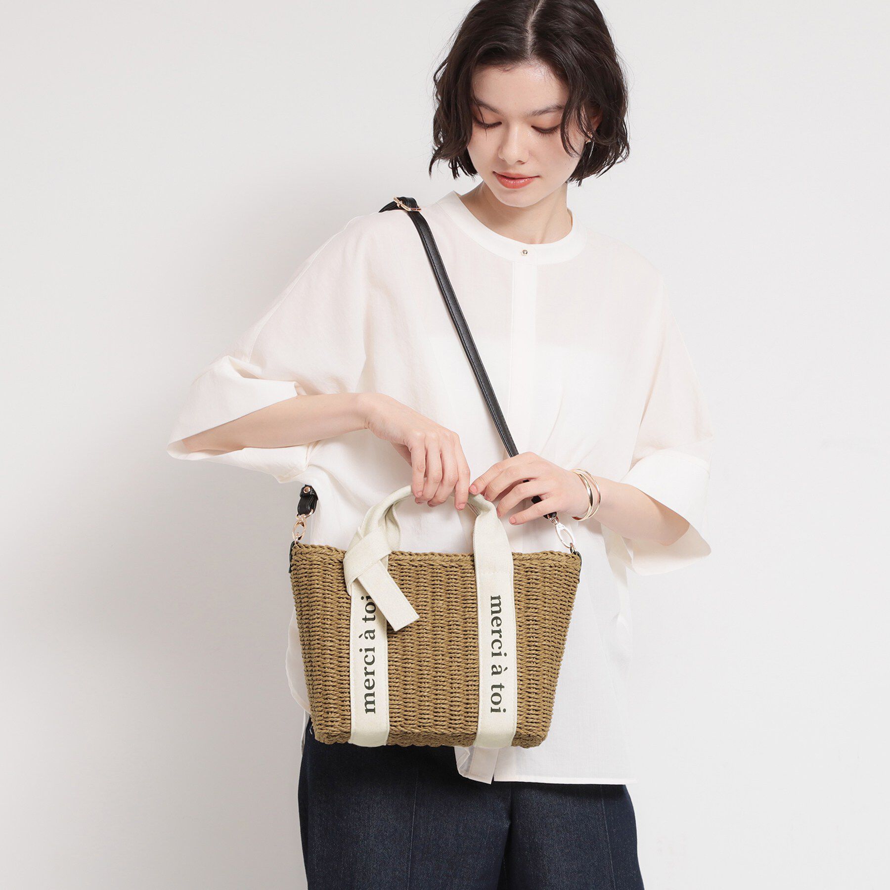 THE SHOP TK「ロゴ雑材バッグ」|ハンドバッグ|ベージュ(552)