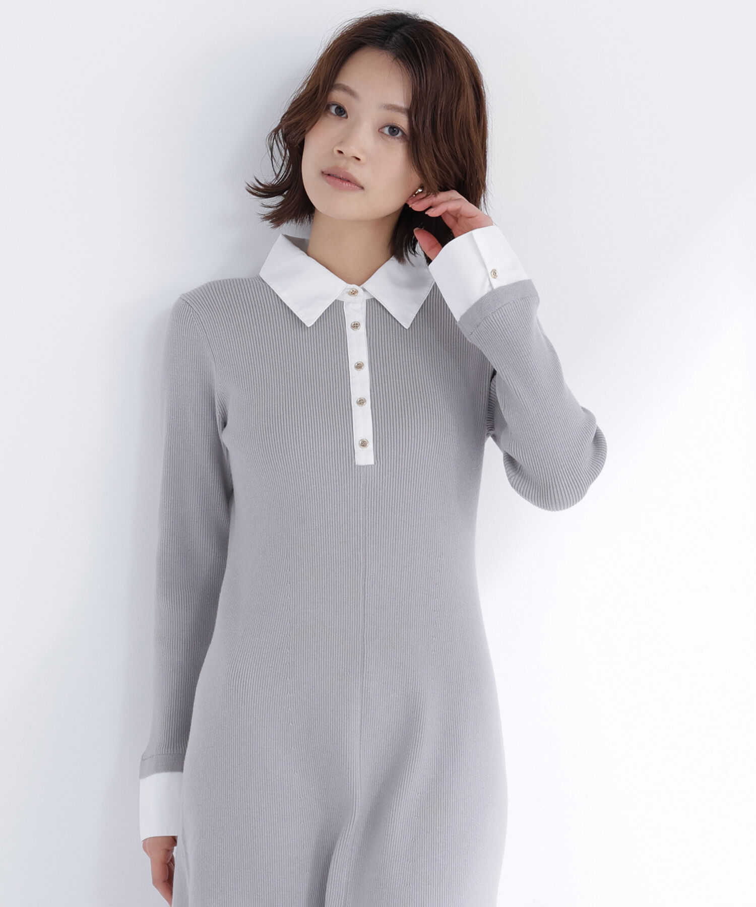  「襟付リブニットワンピース」|ワンピース|