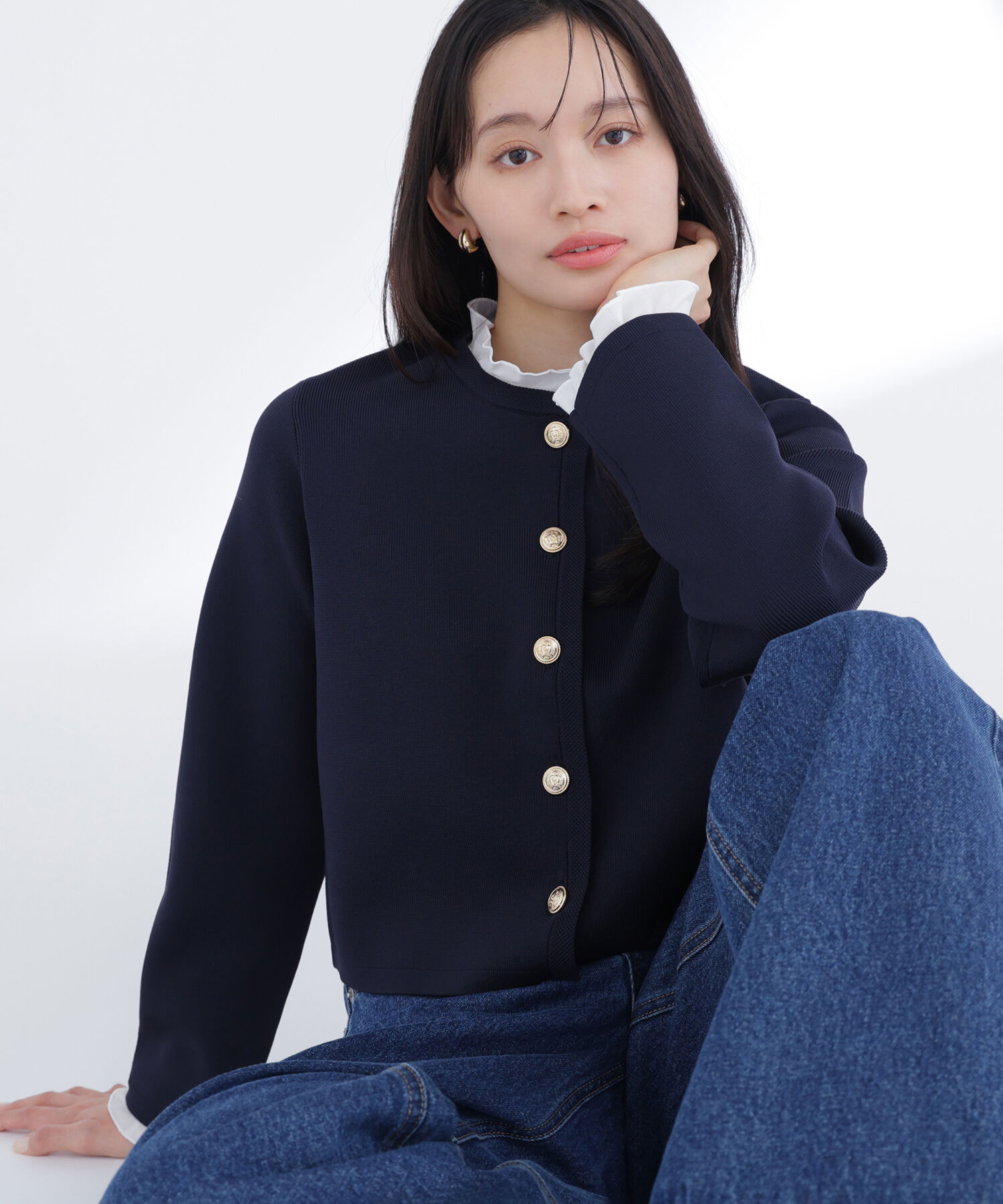  「フリルドッキングニットジャケット」|ニット・セーター|ネイビー