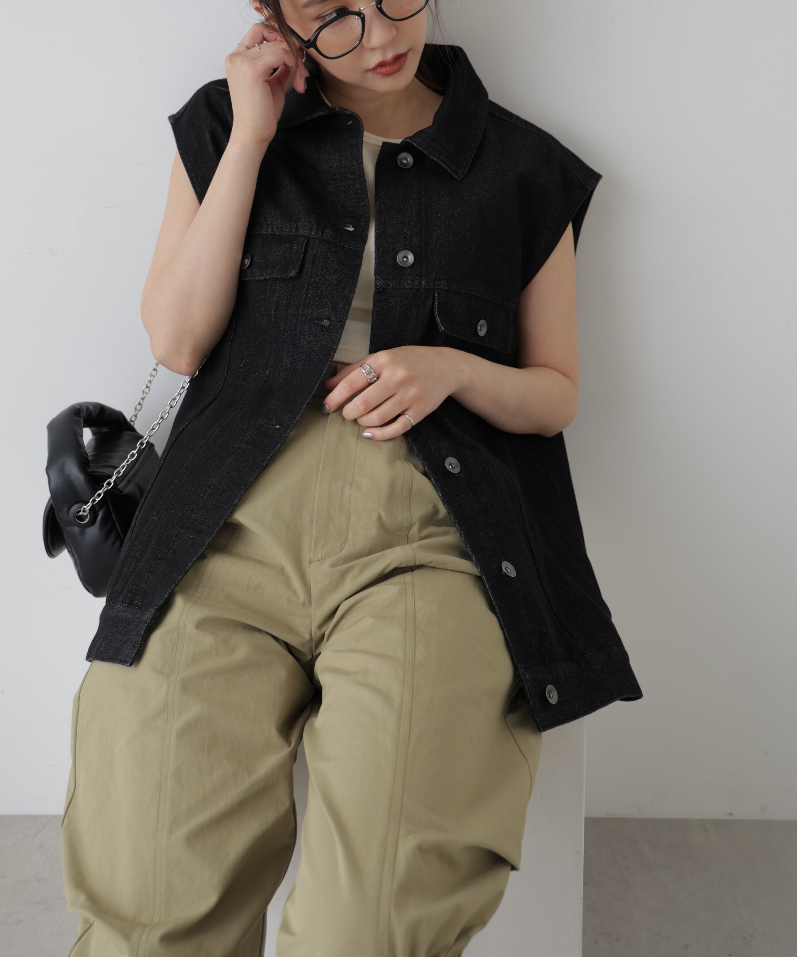  「ミドル丈デニムベスト」|ブルゾン・スタジャン|