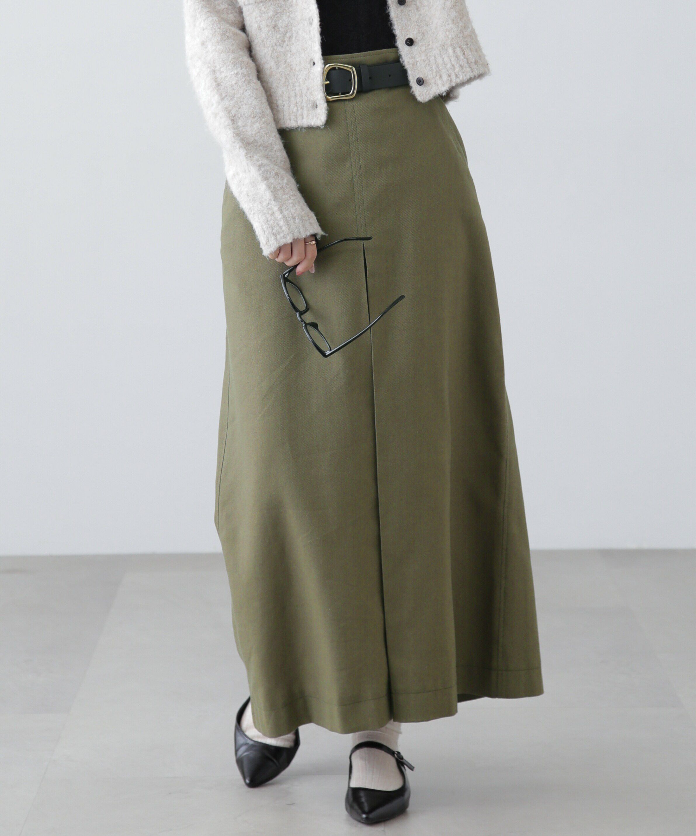  「フロントボックスタックマキシスカート」|スカート|カーキ