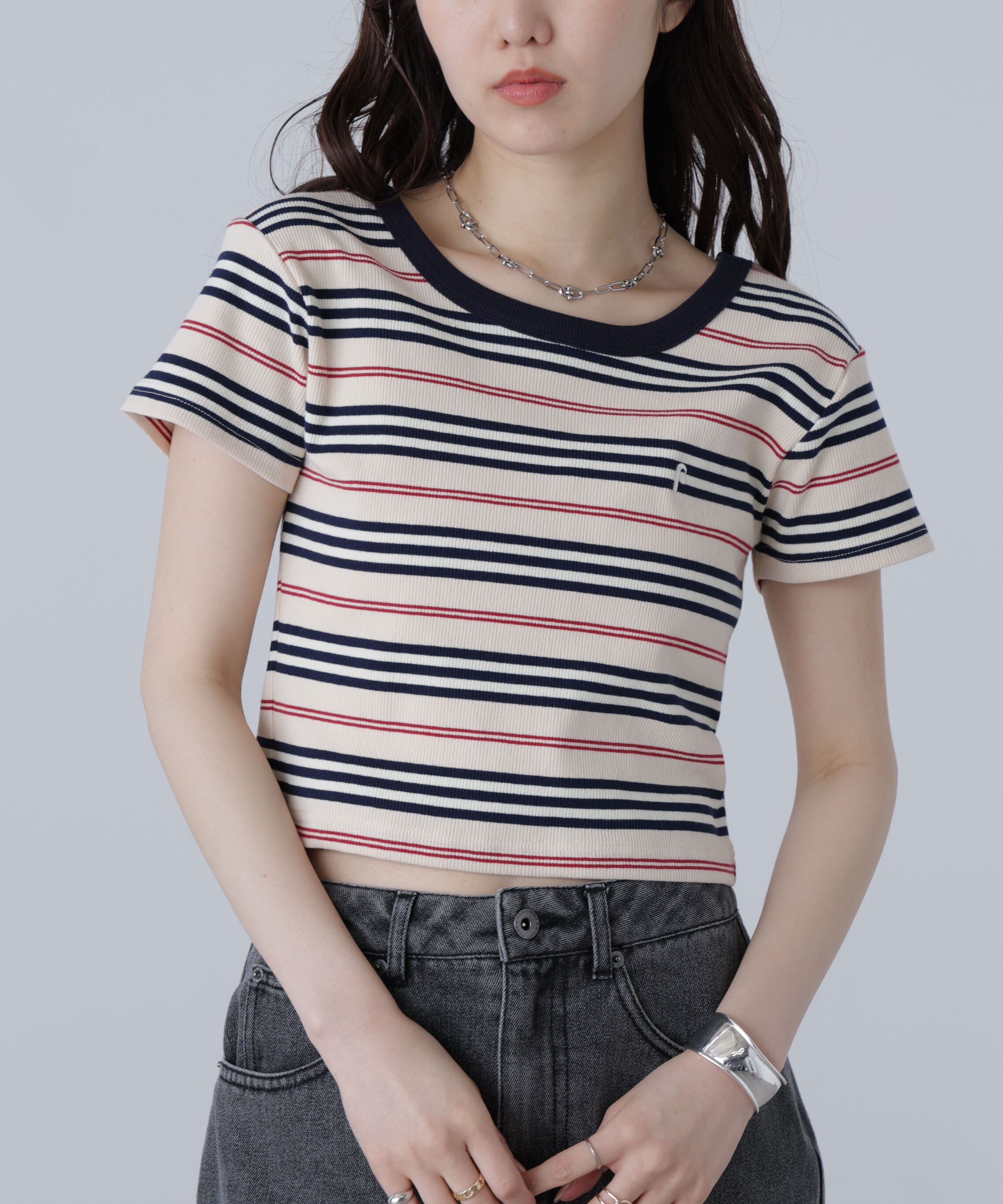  「ワンポイント刺繍マルチボーダーカットソー」|Tシャツ・カットソー|