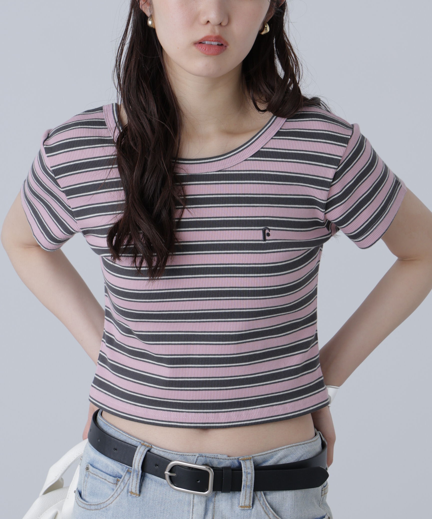  「ワンポイント刺繍マルチボーダーカットソー」|Tシャツ・カットソー|ピンクベース1