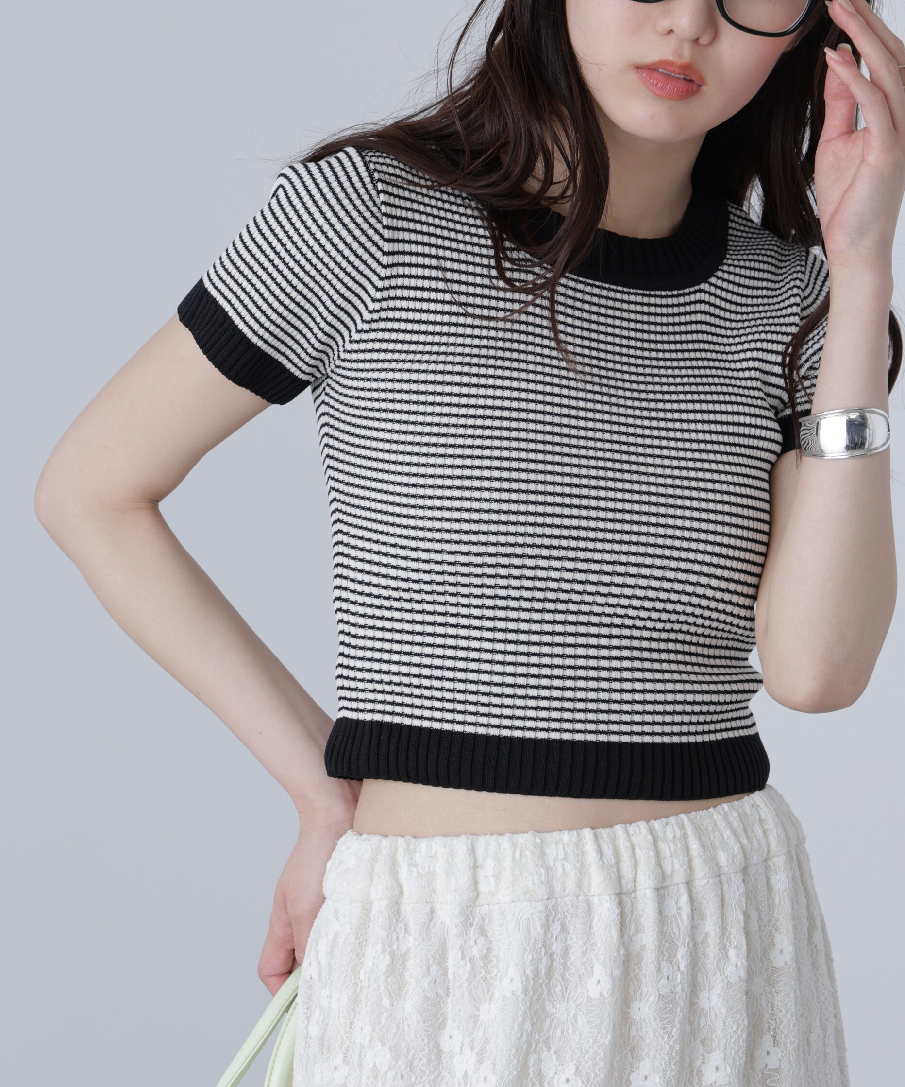  「ショート丈クルーネックリブニット」|ニット・セーター|