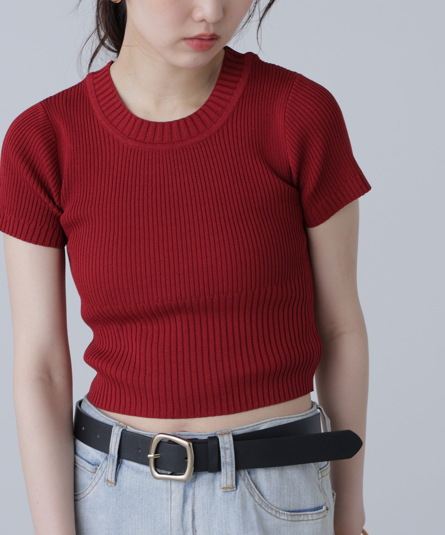  「ショート丈クルーネックリブニット」|ニット・セーター|レンガ