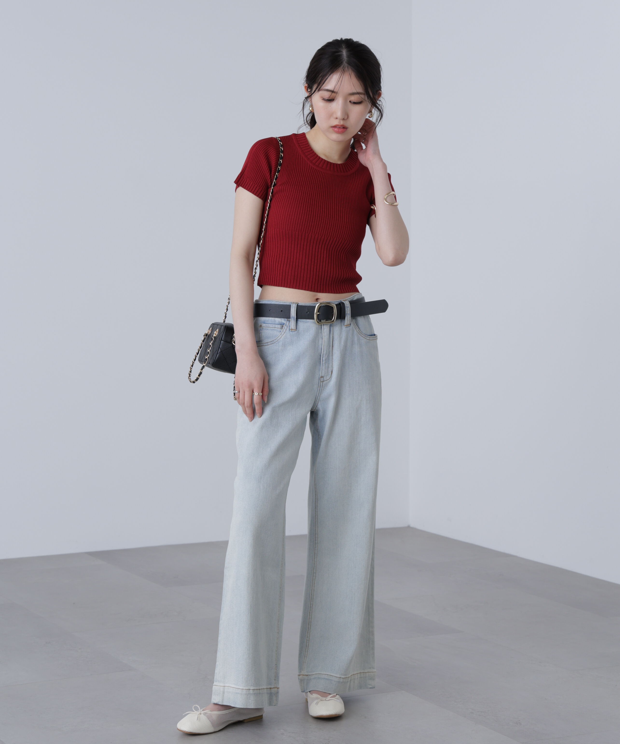  「ショート丈クルーネックリブニット」|ニット・セーター|