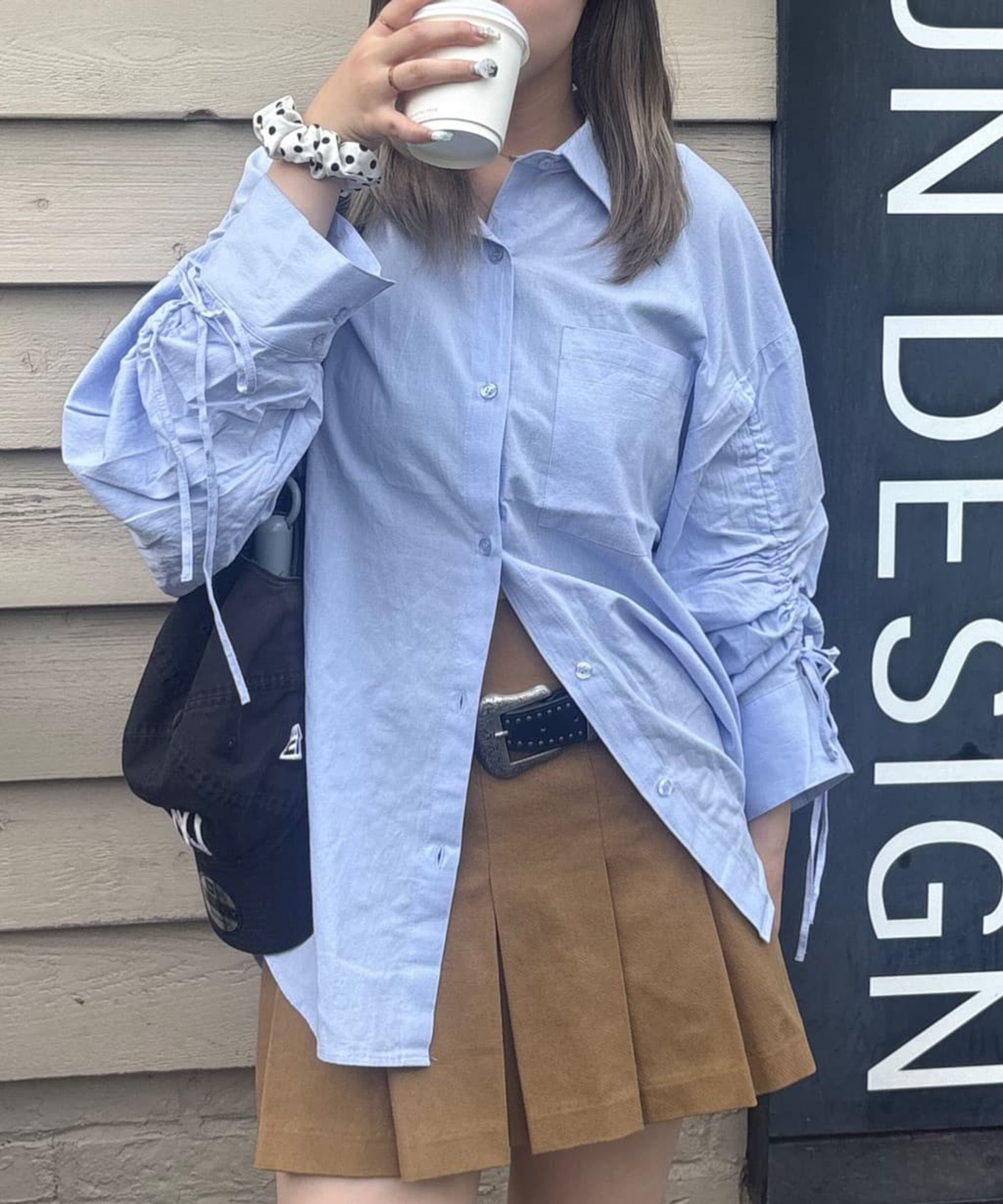  「袖シャーリングオーバーシャツ」|シャツ・ブラウス|ライトブルー