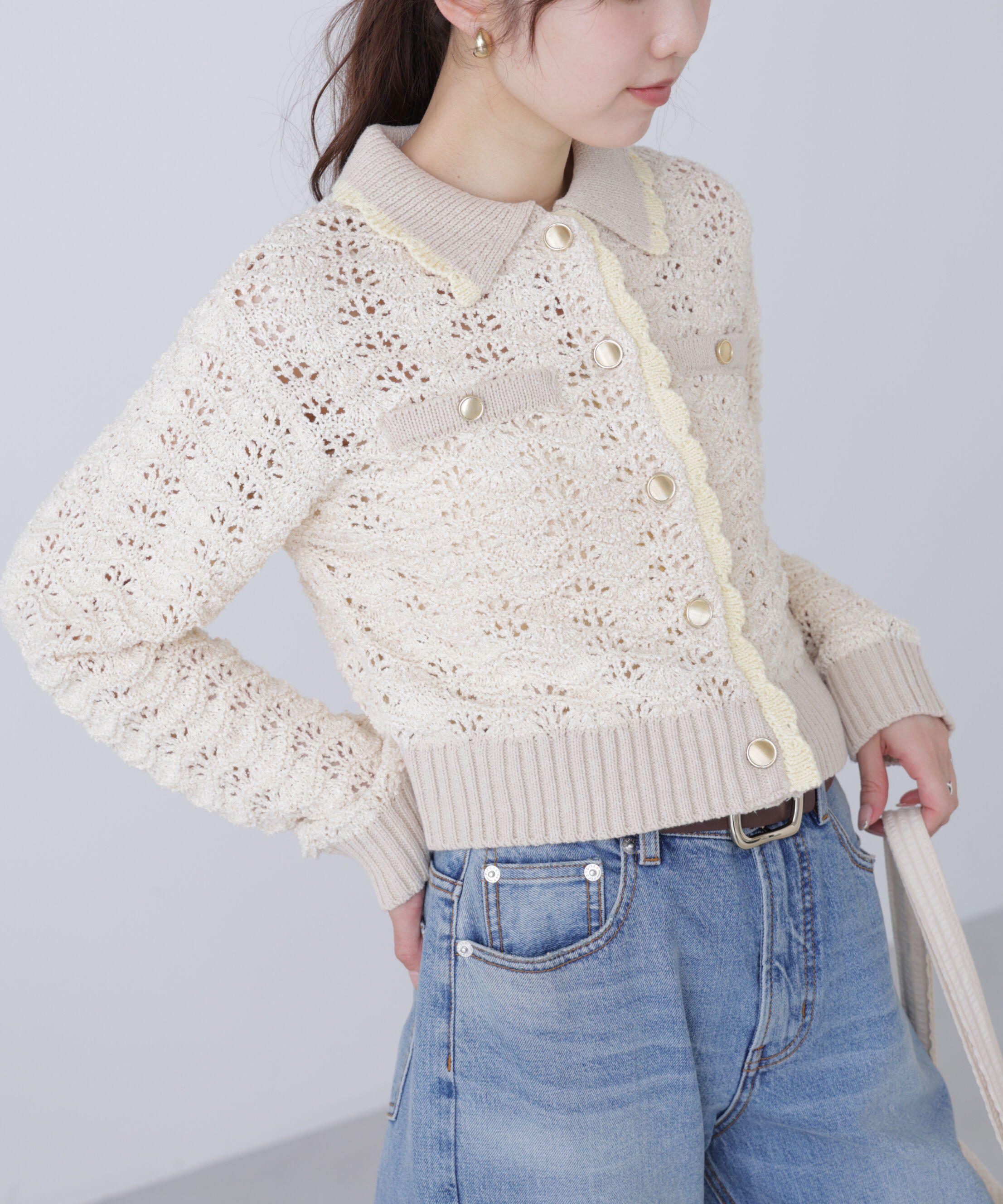  「ミニブークレツィードライク配色ニットカーディガン」|ニット・セーター|