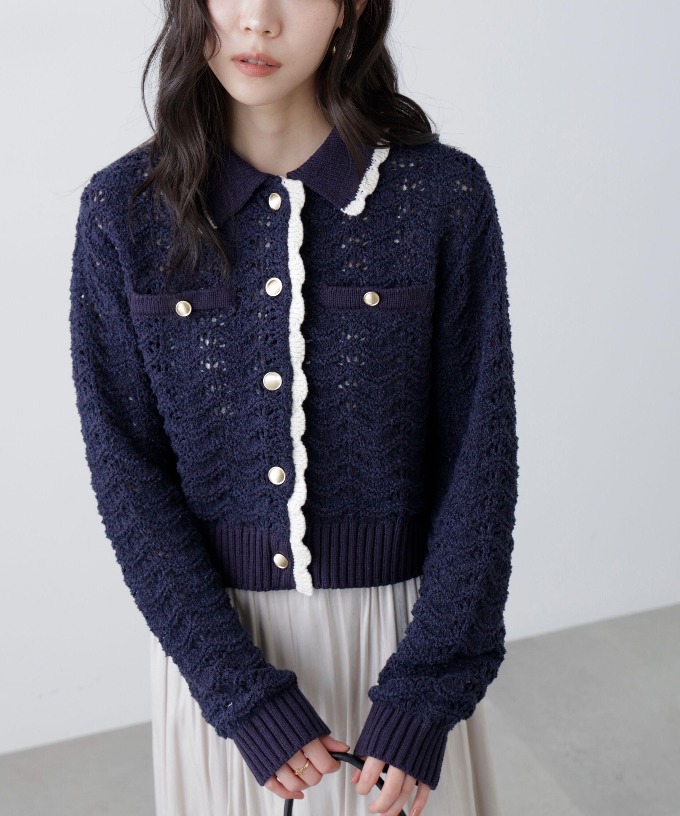  「ミニブークレツィードライク配色ニットカーディガン」|ニット・セーター|