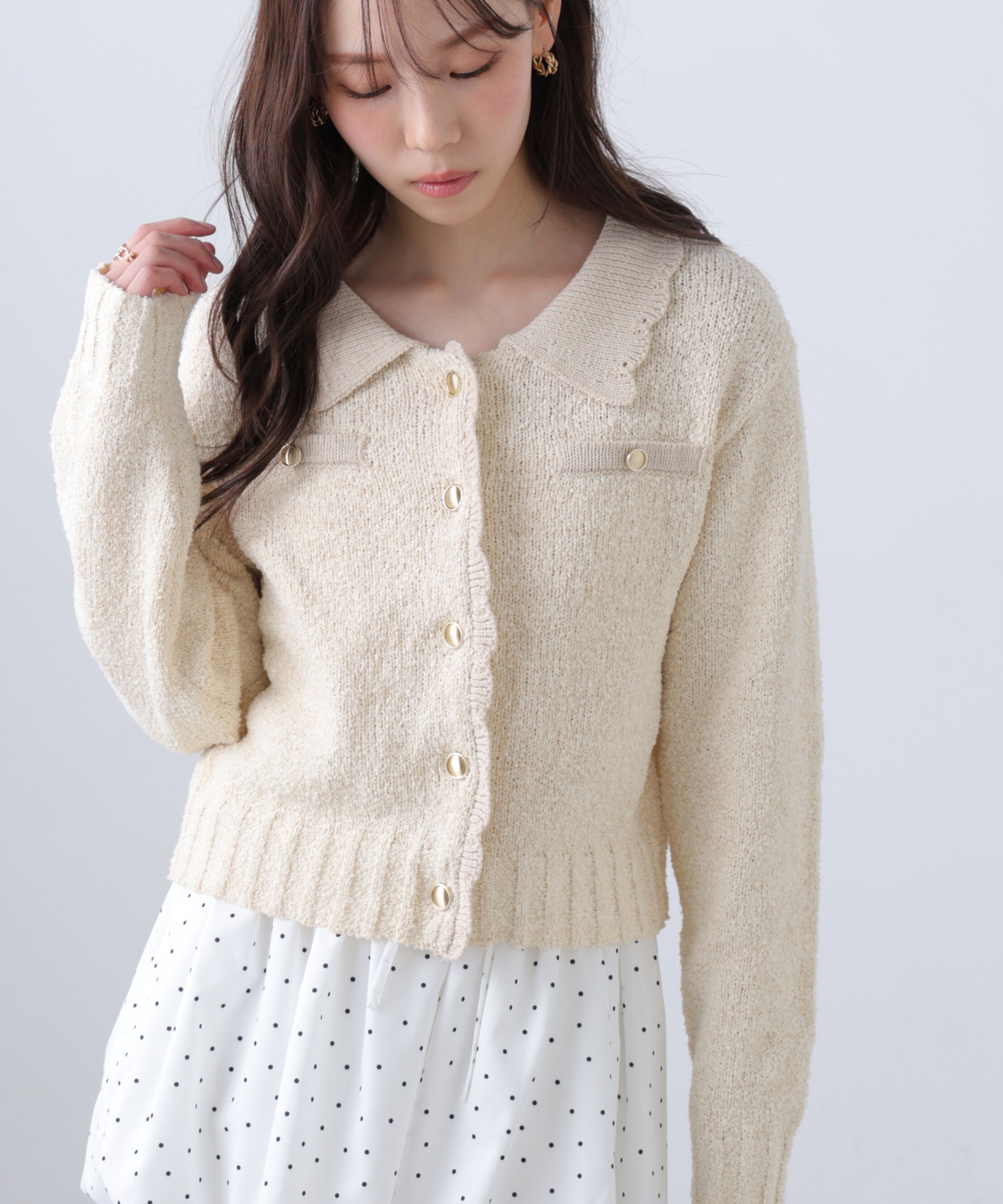  「ミニブークレツイードライクニットカーディガン」|ニット・セーター|