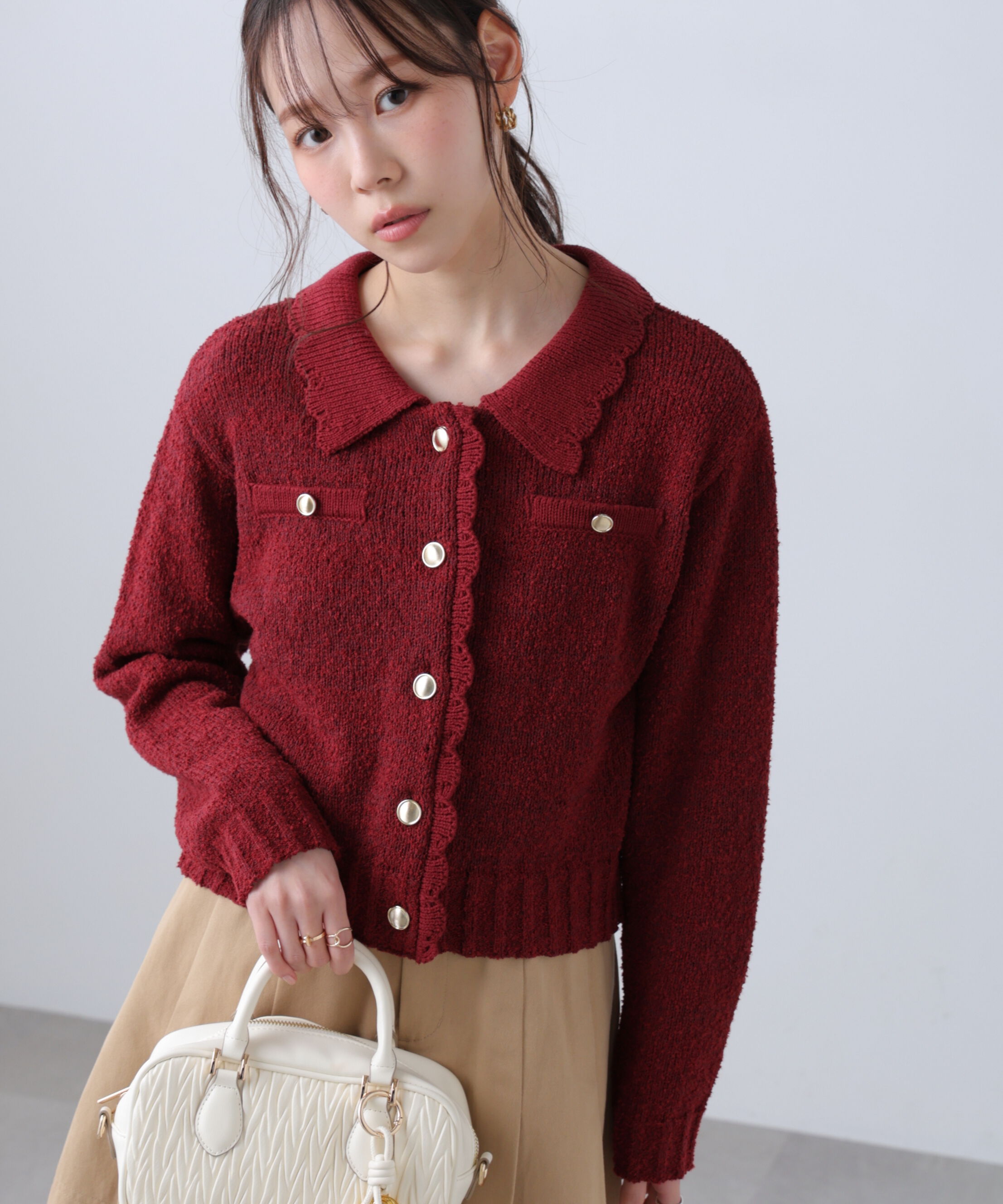  「ミニブークレツイードライクニットカーディガン」|ニット・セーター|レッド