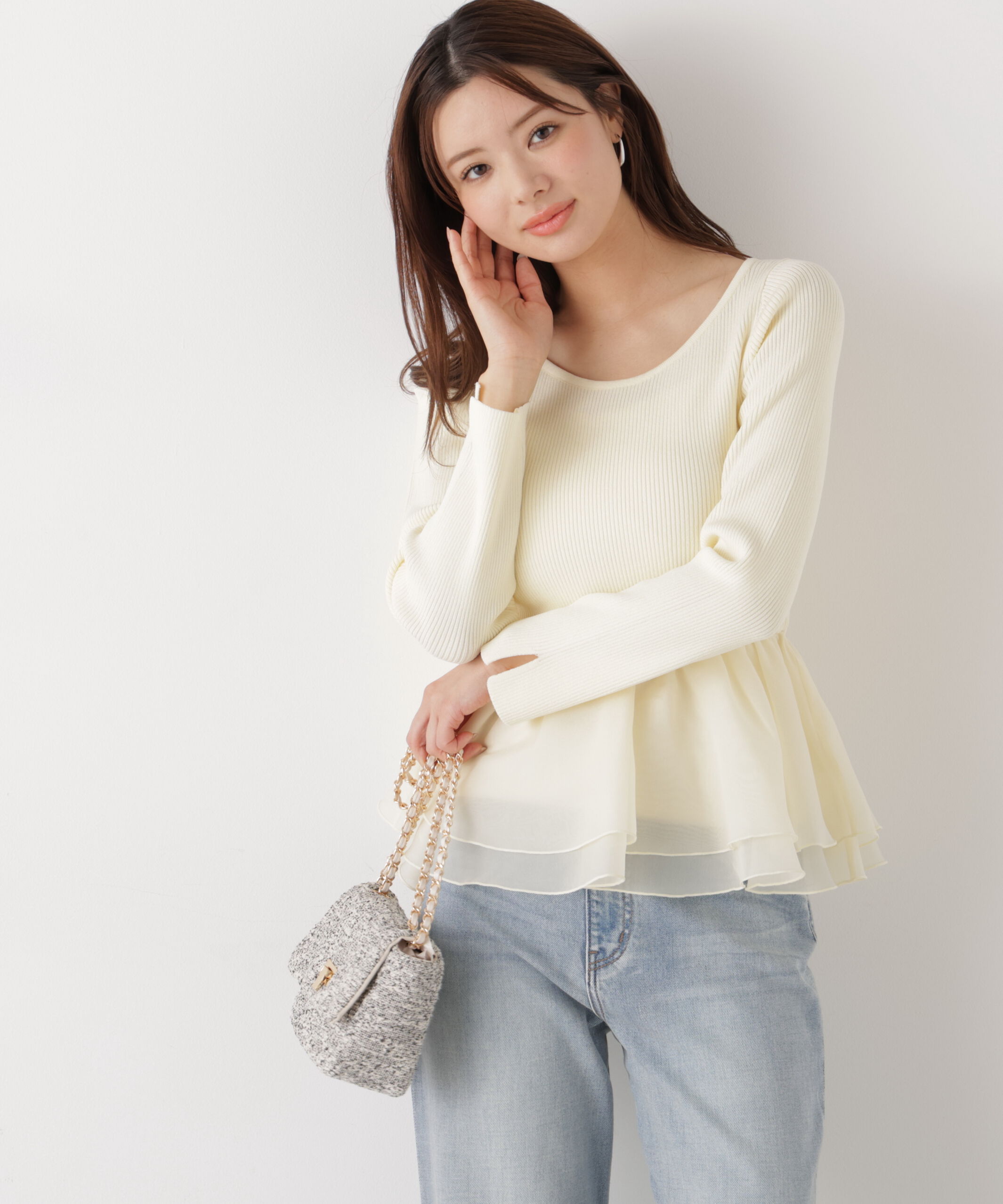 PROPORTION BODY DRESSING「〈a/mie〉シアーペプラムリブニット　26SS」|カーディガン|