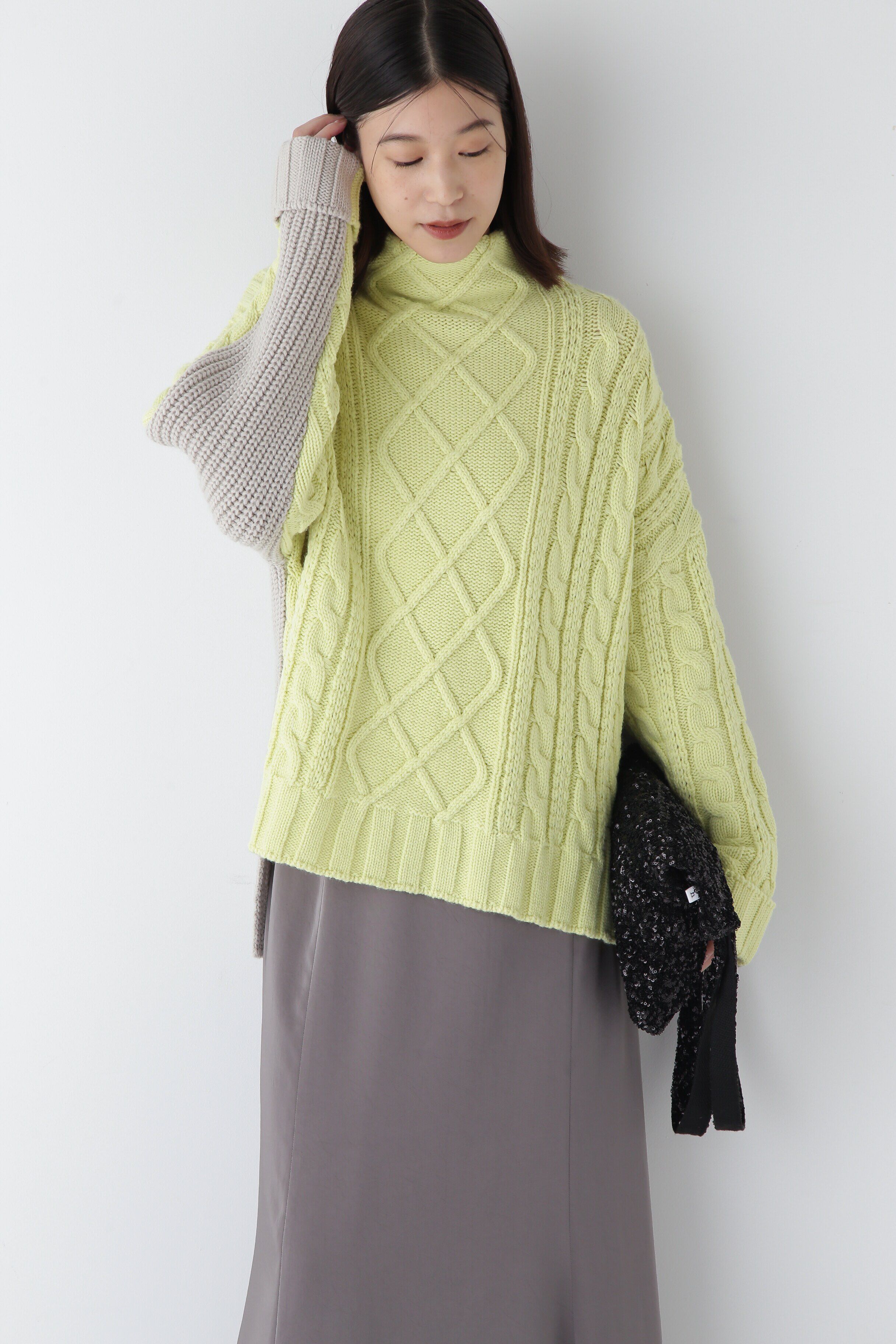  「◆バイカラーケーブルニット」|ニット・セーター|ライムイエロ