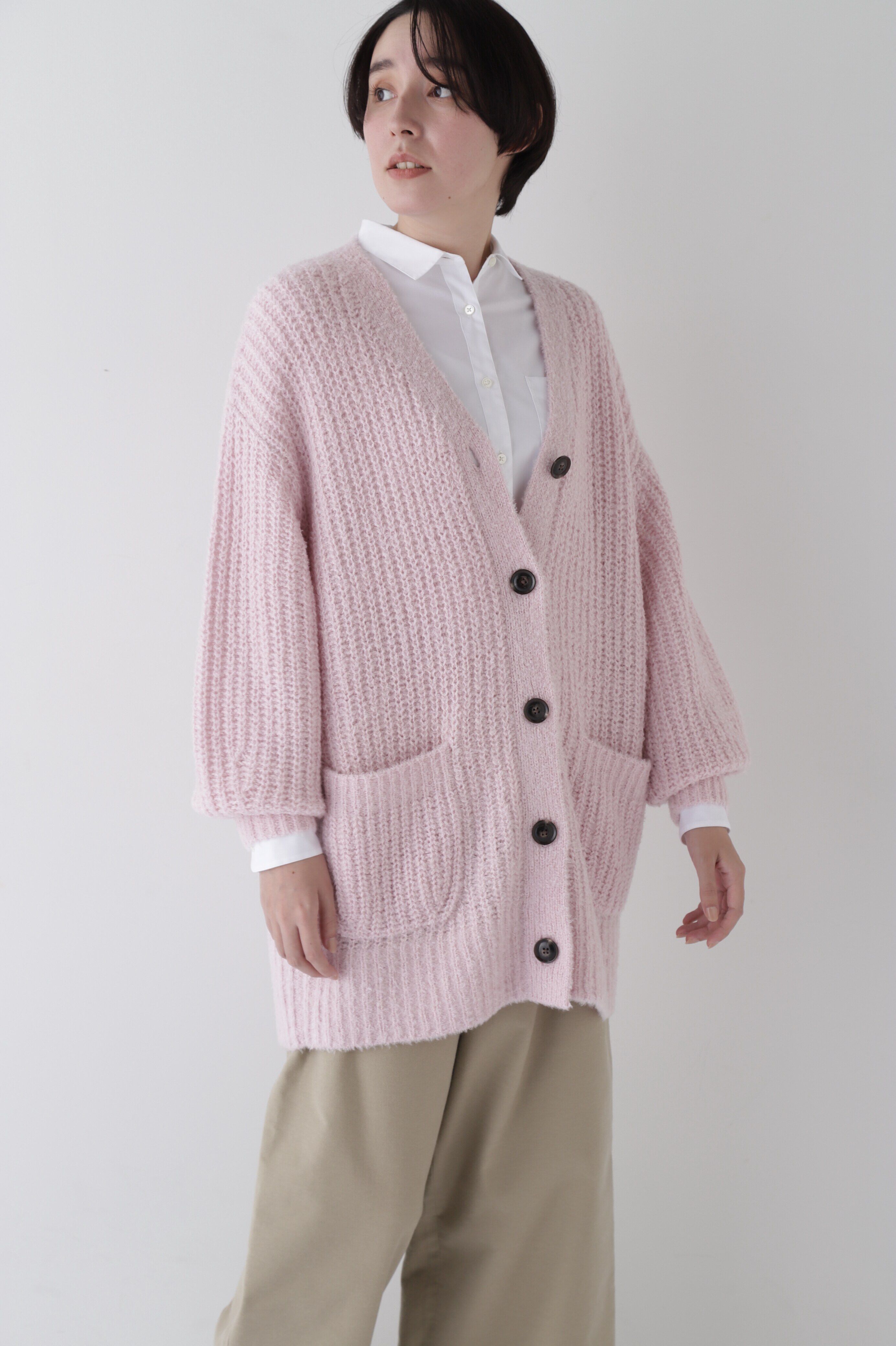  「ブークレ片畦2WAYはおりロングVer」|ニット・セーター|ピンク