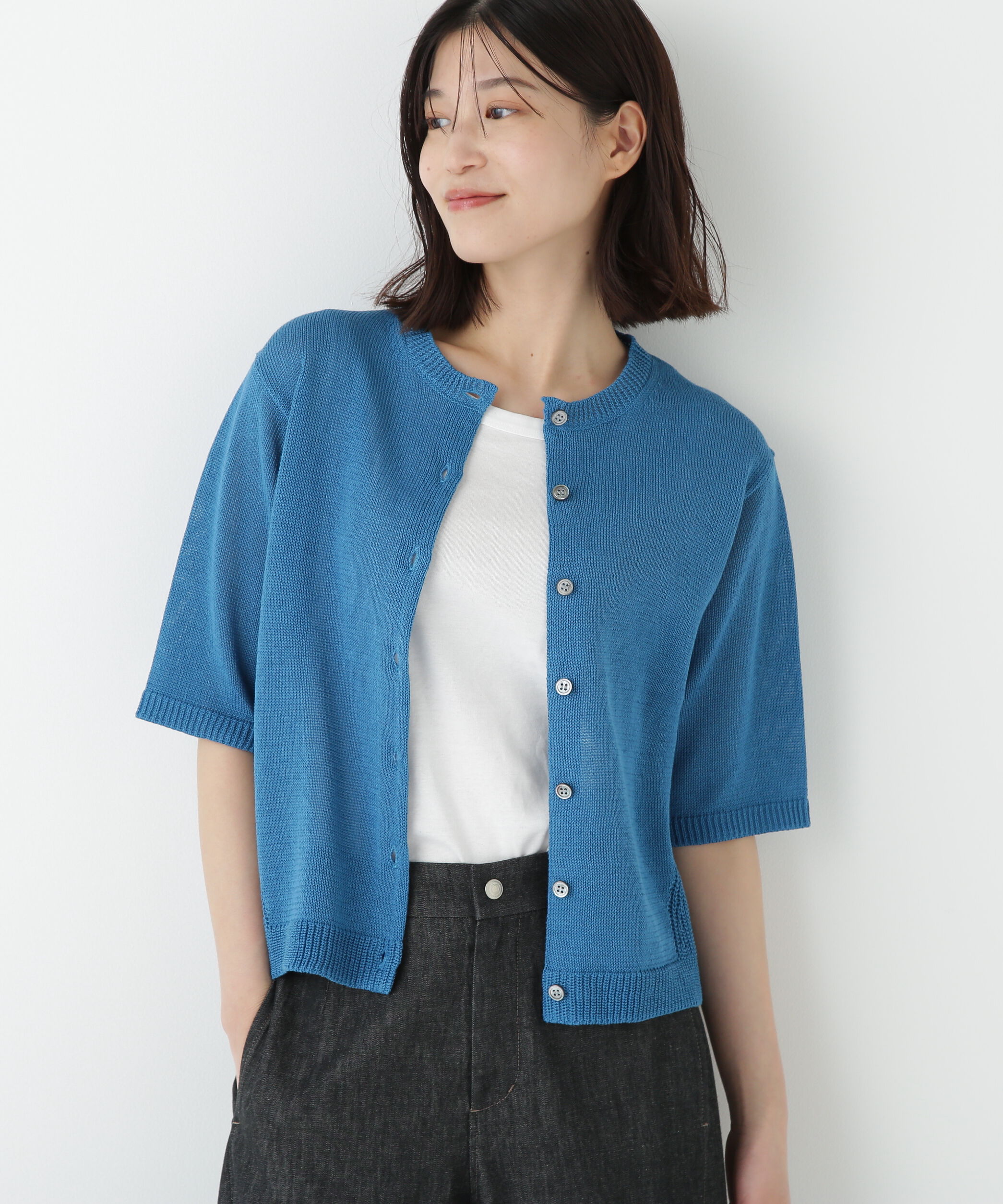  「◆ミドルゲージギマクルーネック半袖カーディガン」|ニット・セーター|ブルー