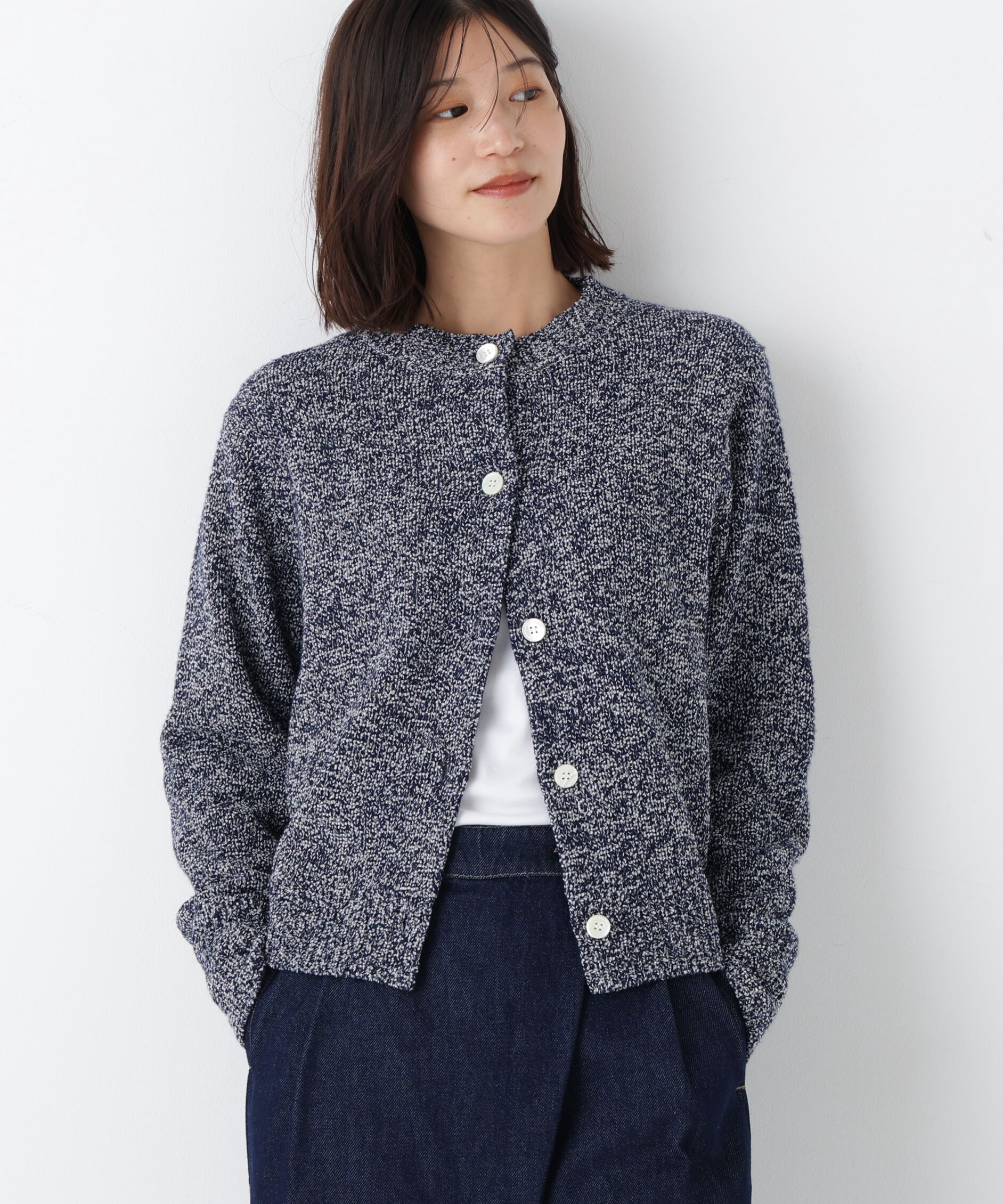  「◆《ウォッシャブル》ＭＩＸヤーンクルーネックカーディガン」|ニット・セーター|ネイビー