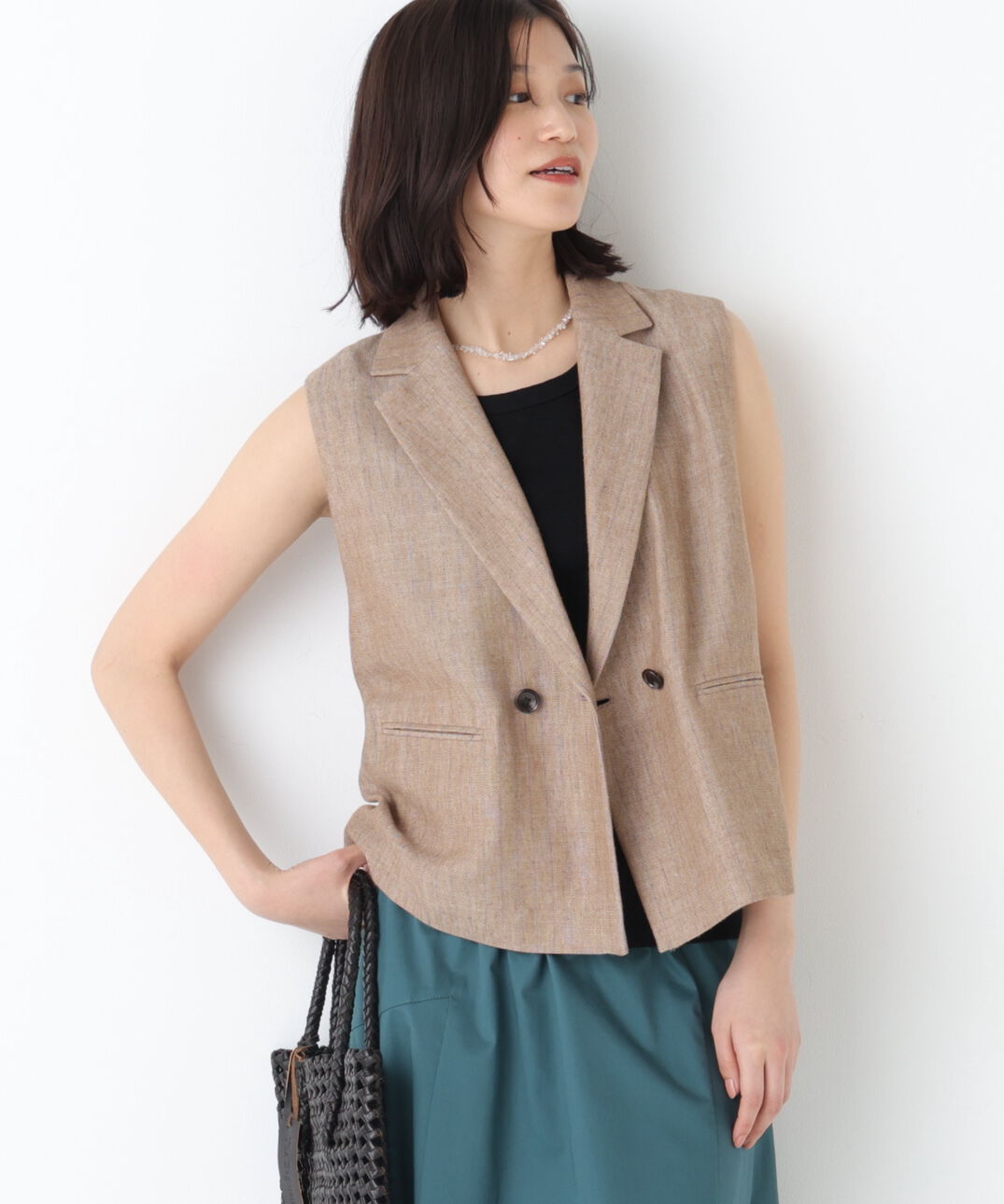  「◆《ウォッシャブル》ドライタッチリネン混ショートジレ」|ブルゾン・スタジャン|ベージュxブル3