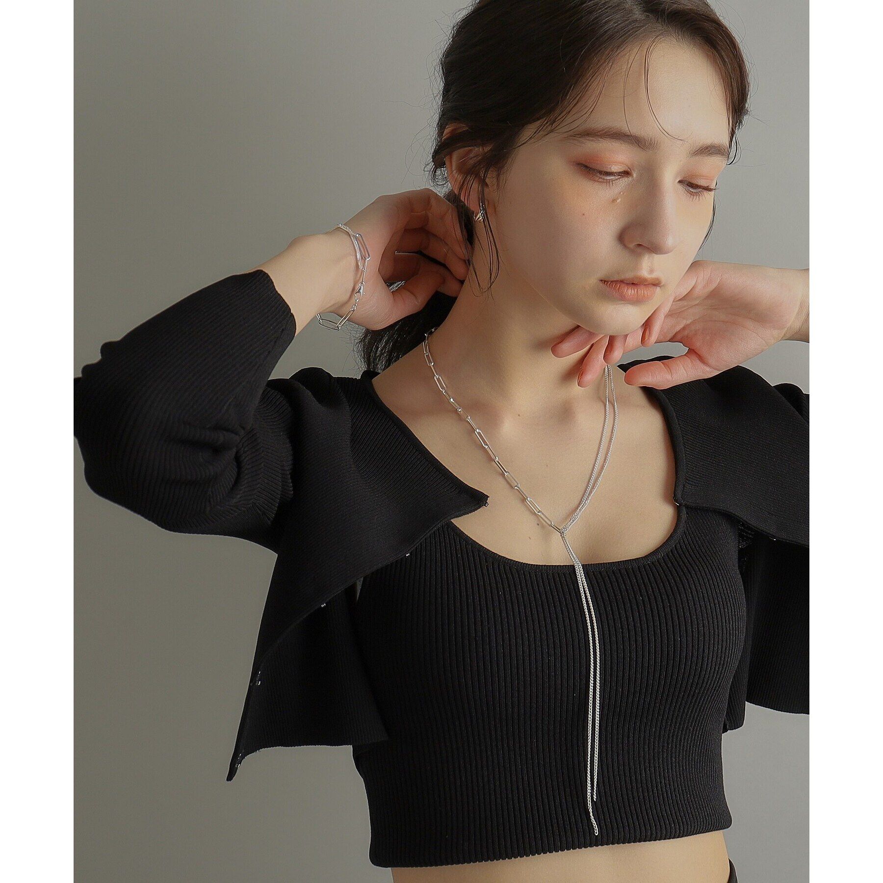 COCOSHNIK ONKITSCH「シルバー ミックスチェーン フラットカーブ スルー ブレスレット」|ブレスレット・バングル|