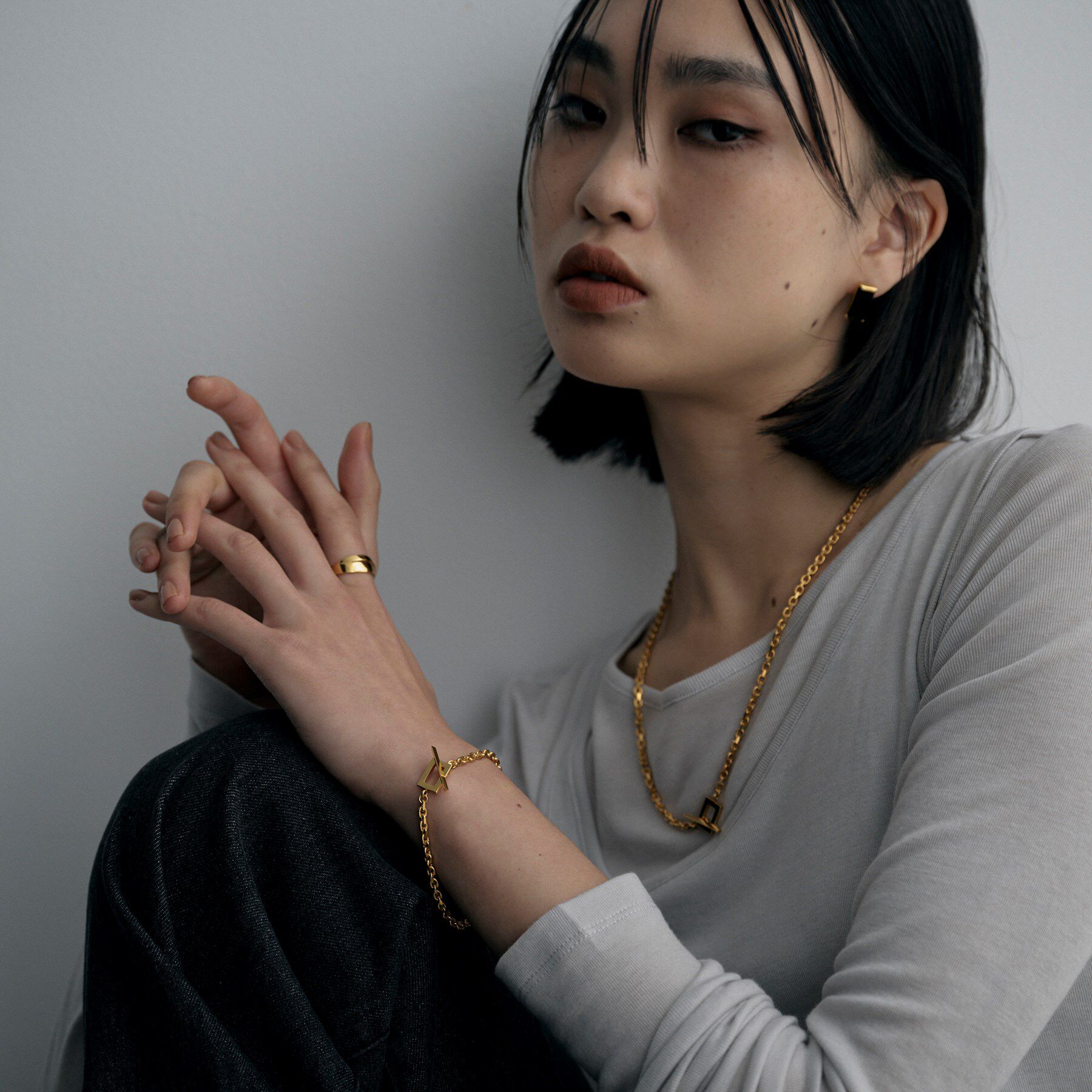 COCOSHNIK ONKITSCH「シルバー カットケーブルチェーン レクタングルマンテルブレスレット L GP」|ブレスレット・バングル|