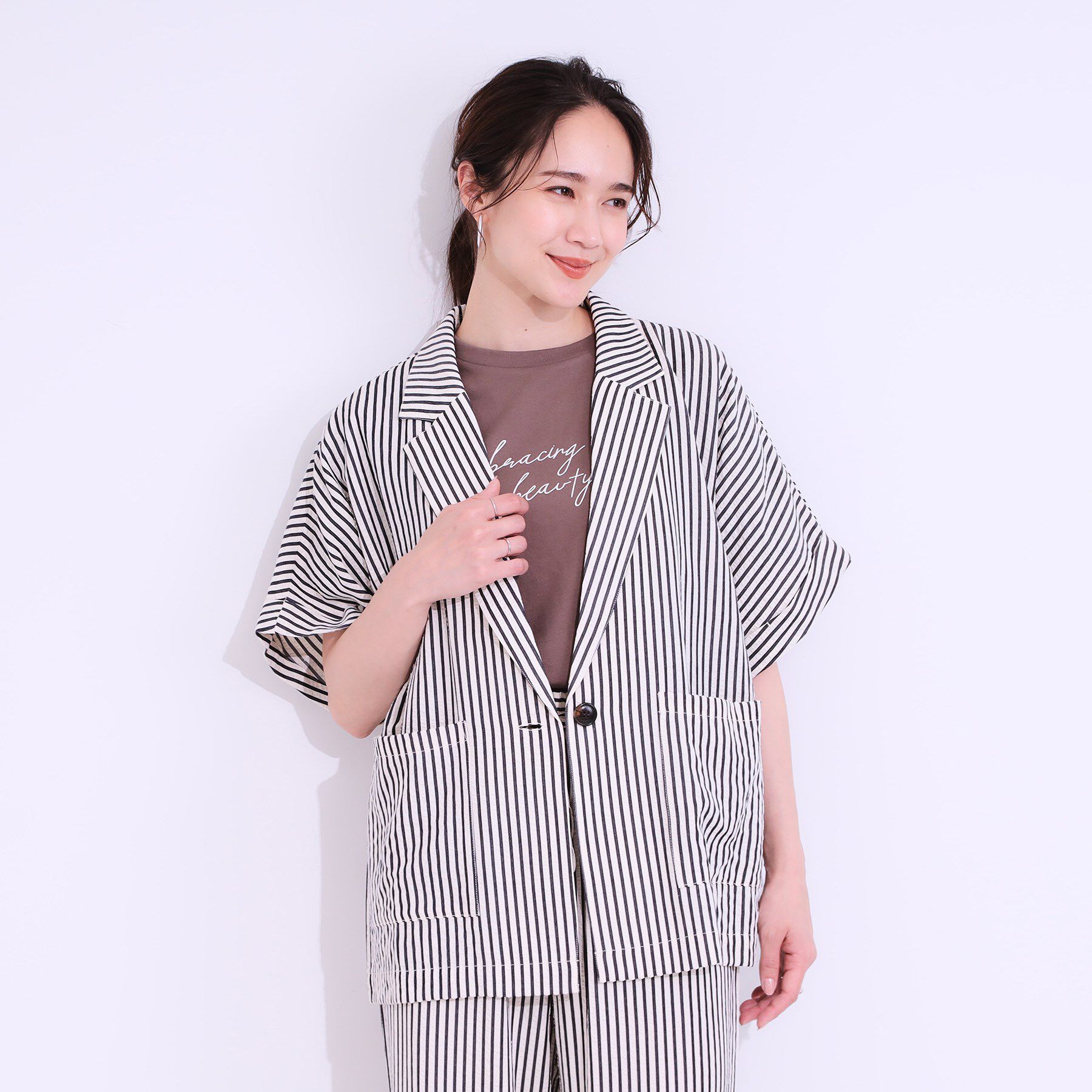 SHOO･LA･RUE「【セットアップ可能/ひんやり/吸水速乾】サッカーストライプ テーラードカラーシャツジャケット」|テーラードジャケット|