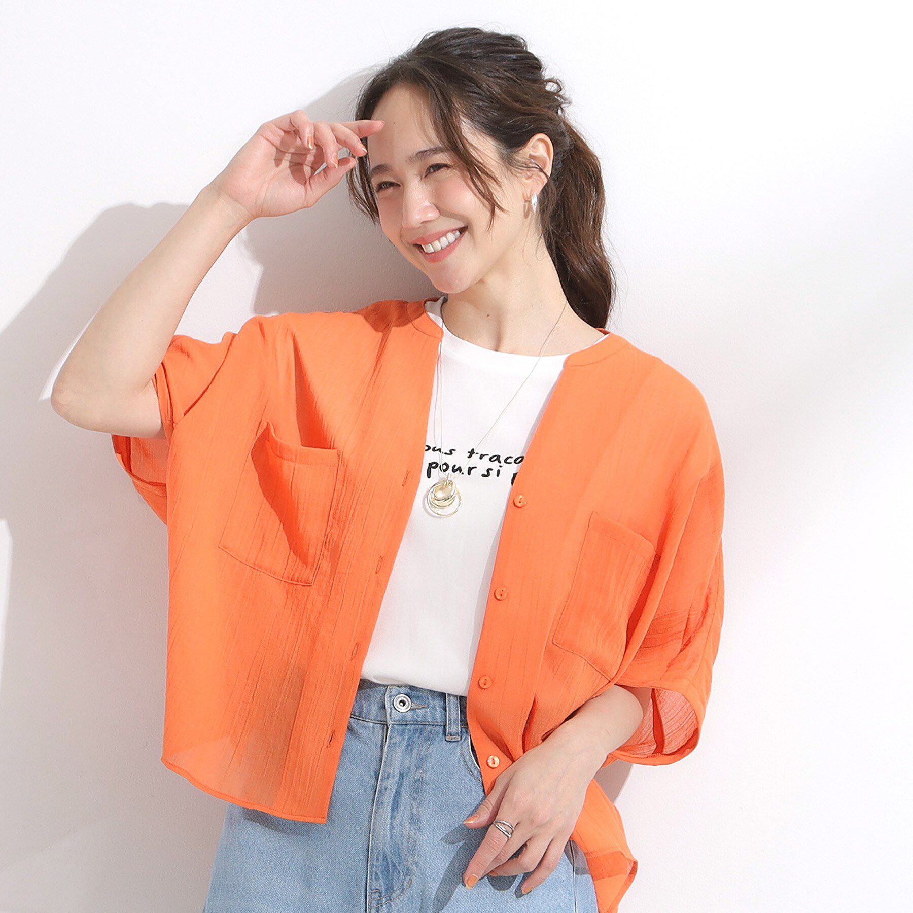 SHOO･LA･RUE「程よいシアー感 ポケットドルマン5分袖シャツ」|シャツ・ブラウス|